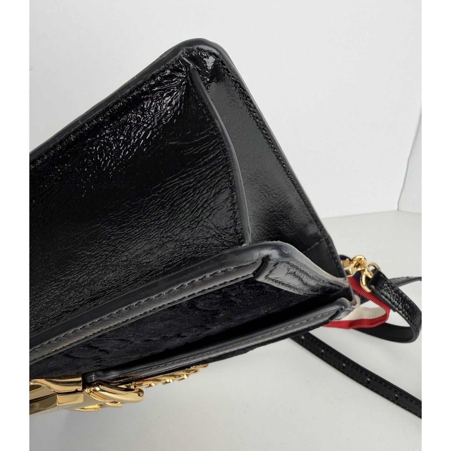 Gucci Sylvie Small Crossbody Bag in Black GG Velvet with Web S08
