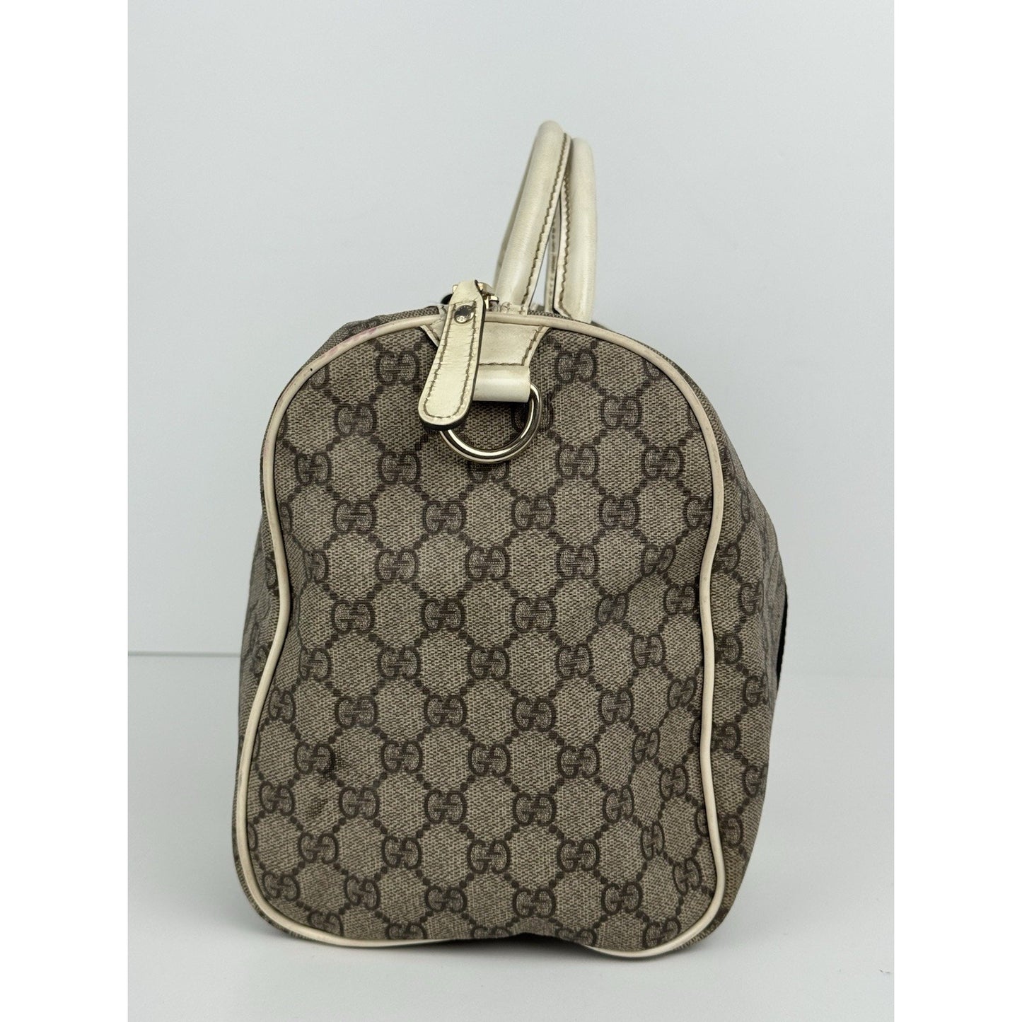 Gucci GG Supreme Medium Joy Boston Bag Brown Canvas White Leather Trim