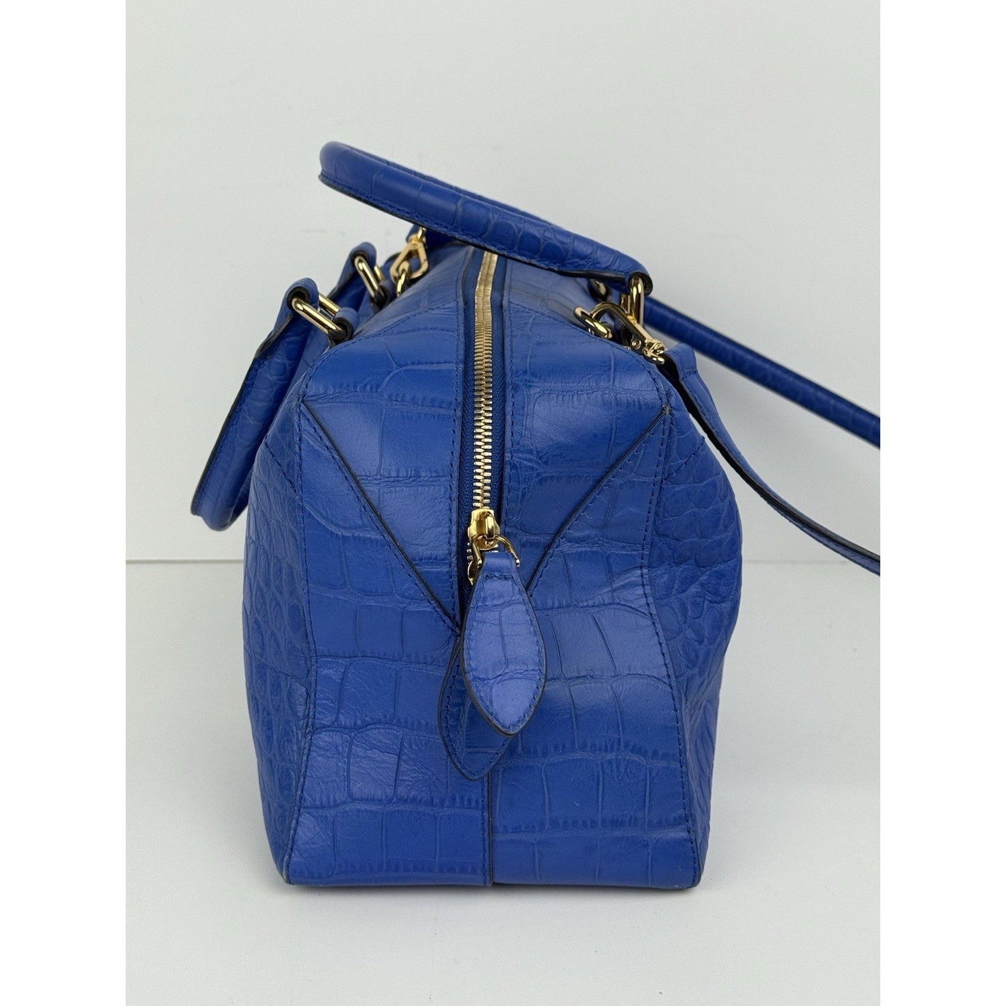 MCM Hand Bag Blue Croc Embossed Leather 2way