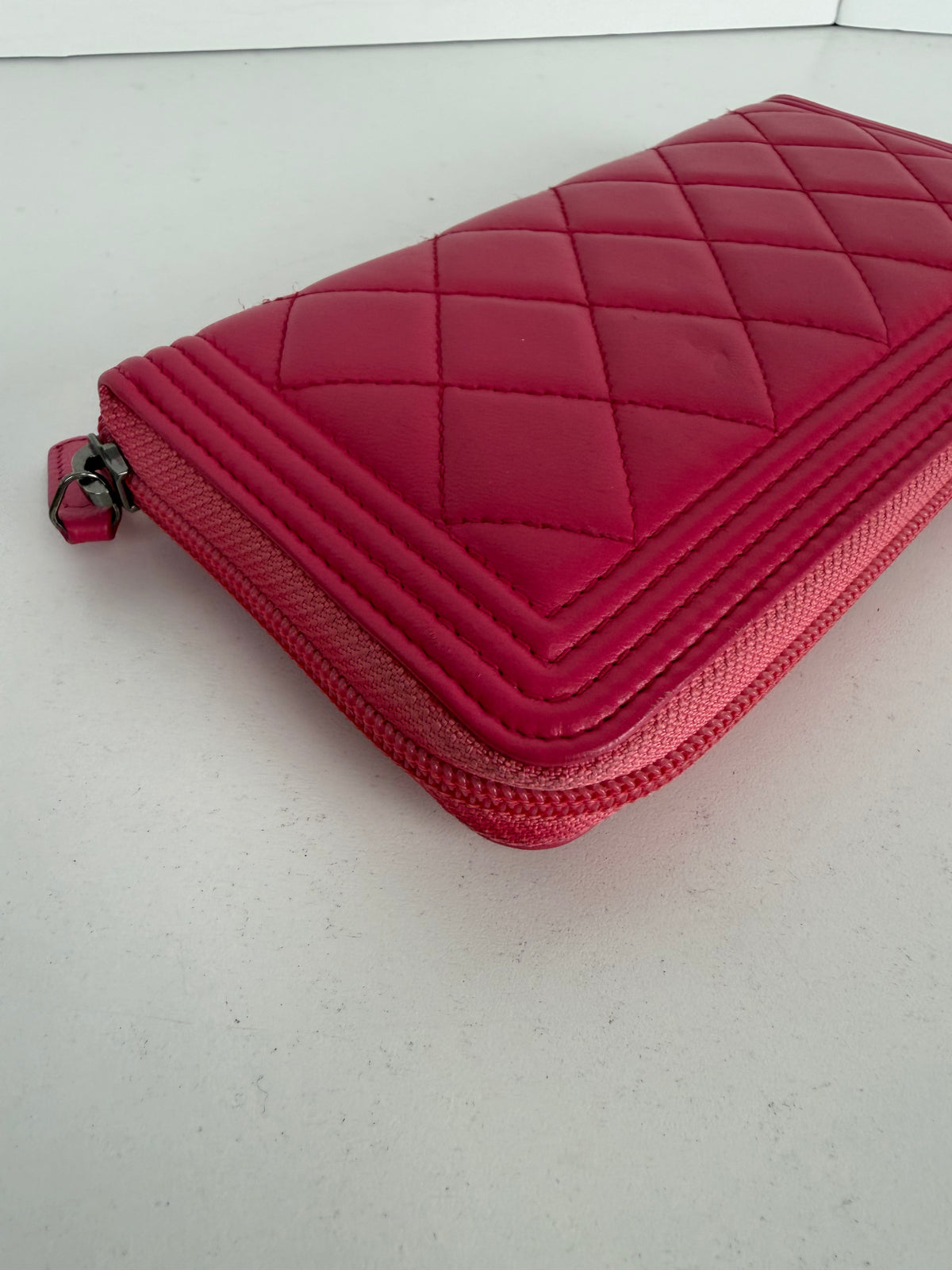 Chanel Boy Zip Around Wallet in Pink Quilted Lambskin Leather K3