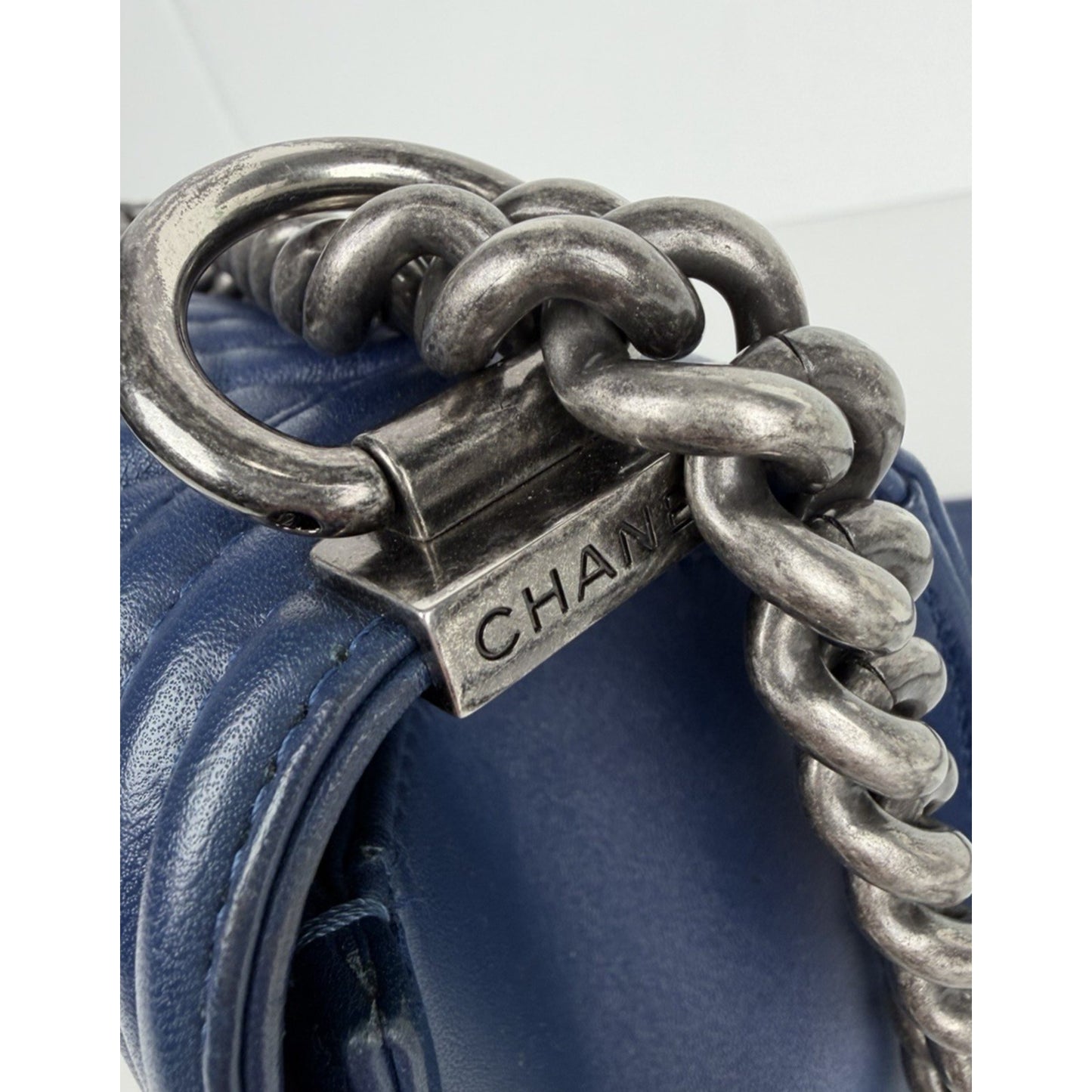 CHANEL Boy Flap Medium Shoulder Bag Lambskin Chevron Navy Blue 2014-2015 B4