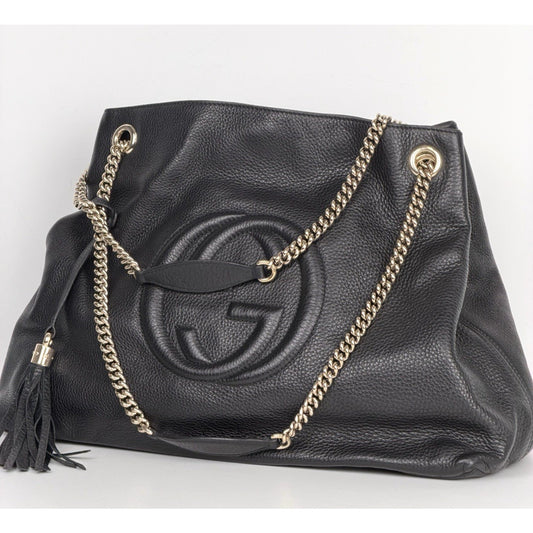 Gucci Soho Large Chain Shoulder Bag in Black Pebbled Calfskin Leather S04
