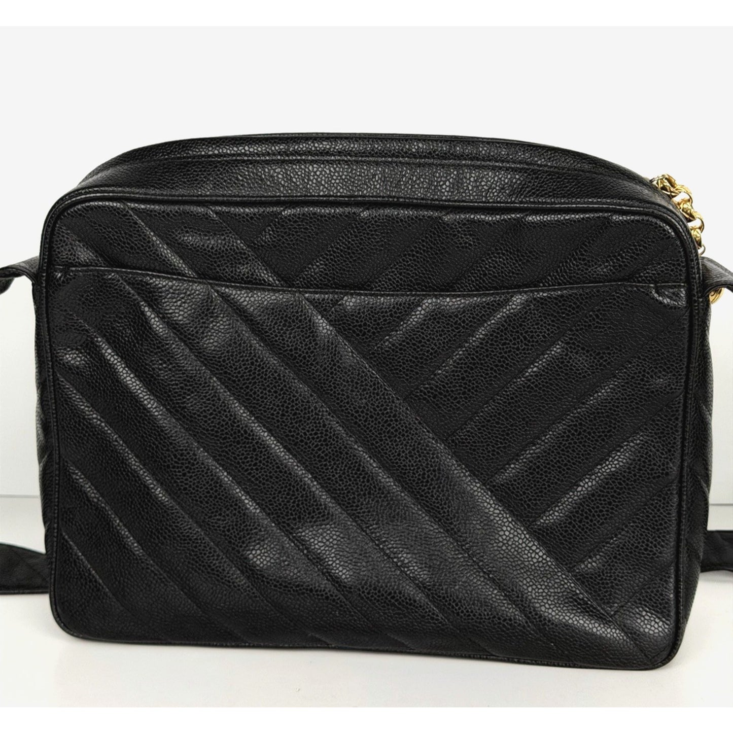 Chanel Chevron Caviar Camera Bag Large Vintage Black Quilted Leather 1991-1994 D8