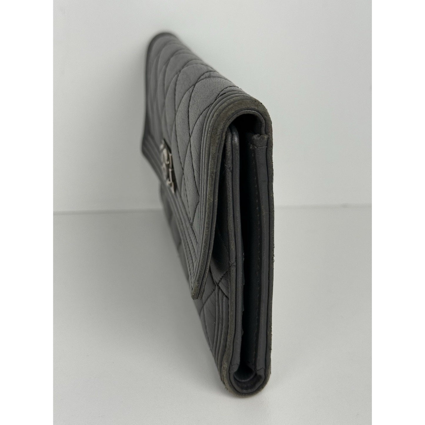 Chanel Long Flap Boy Wallet in Gray Leather