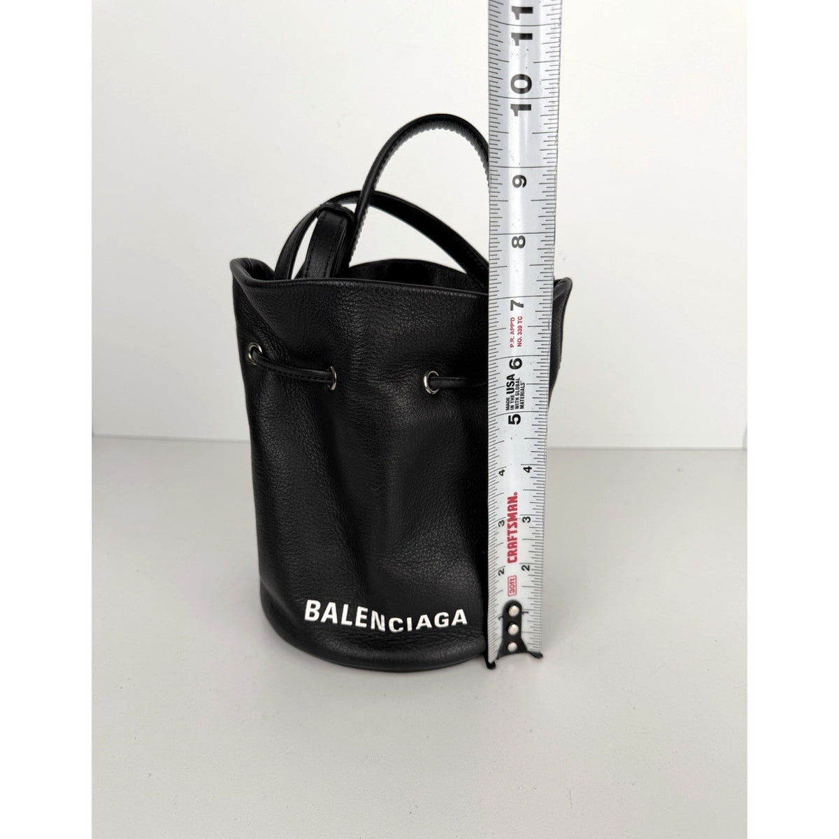 Balenciaga Everyday XS Bucket Bag in Black Grained Leather with White Logo S-10