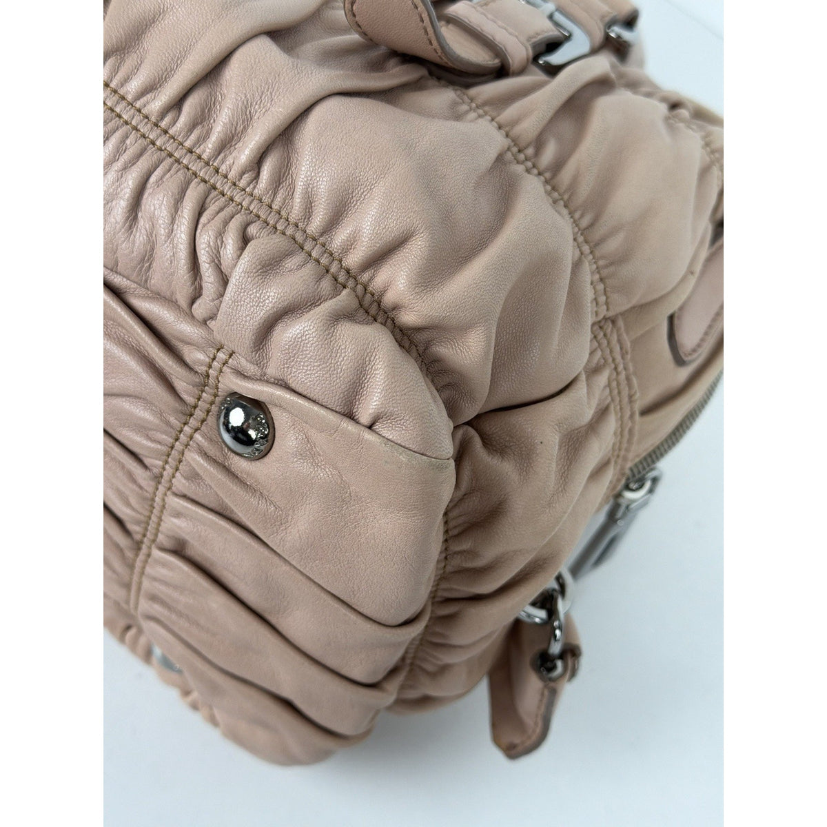 Prada Nappa Gaufre Satchel Shoulder Bag in Beige Leather Silver-Tone Hardware S7
