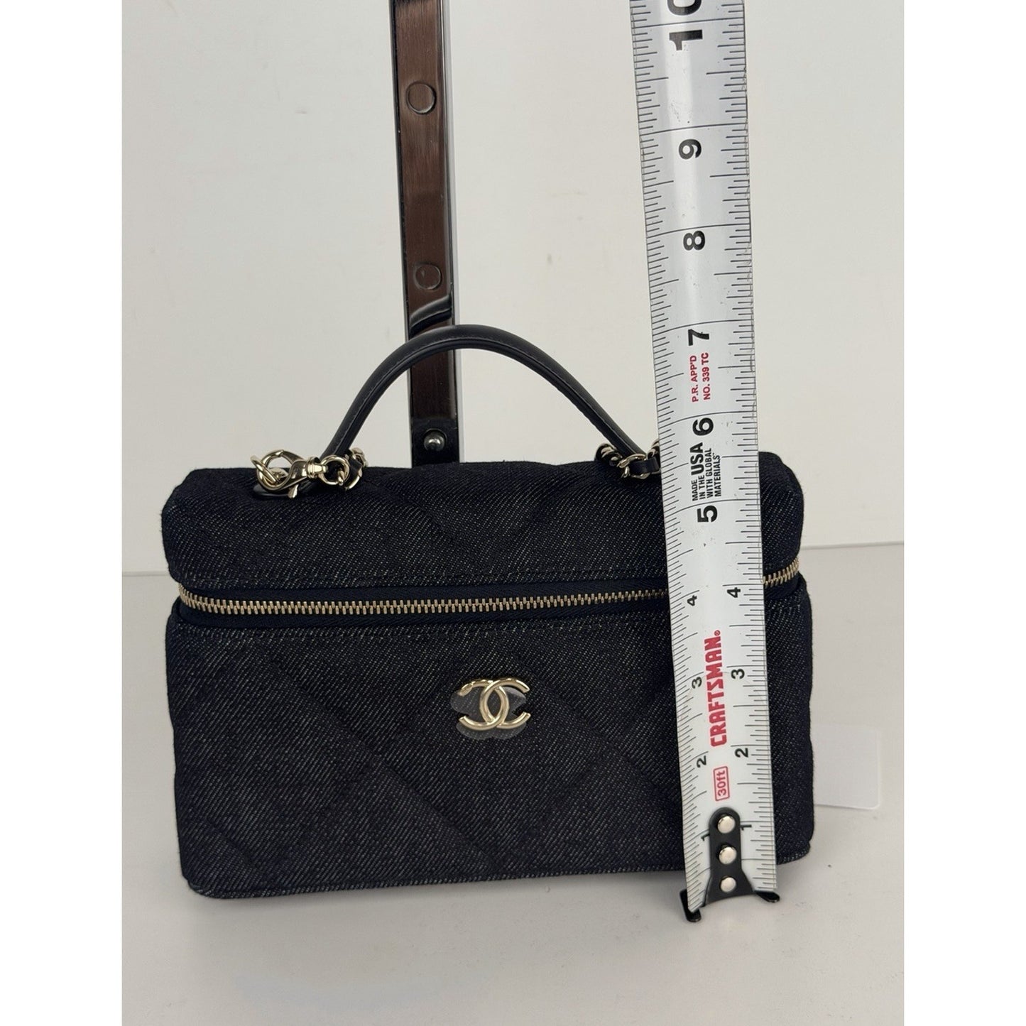 Chanel Slim Vanity Case Crossbody Bag in Blue Quilted Denim With Chain NFC E-1