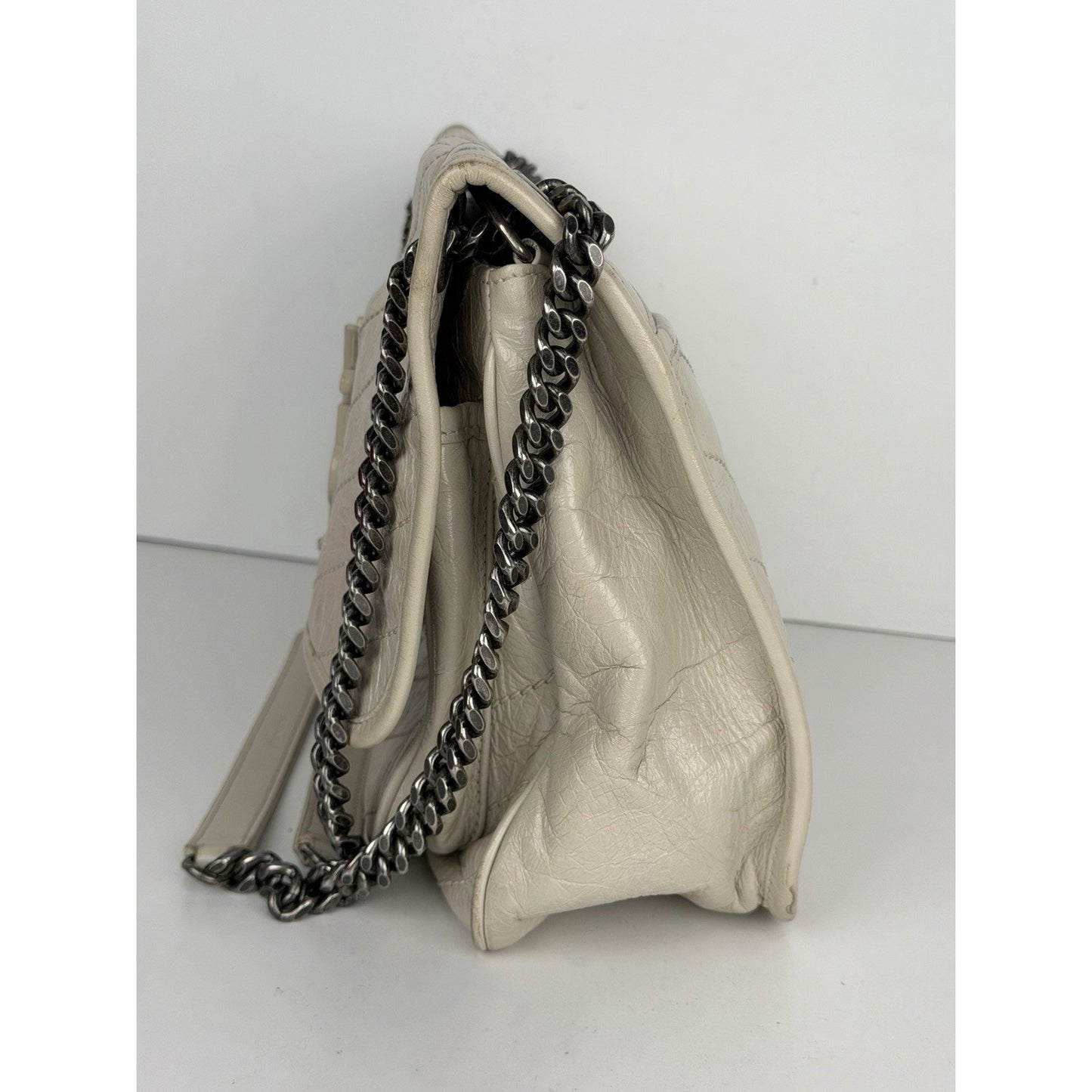 Saint Laurent Niki Medium Chain Satchel Crinkled Calfskin Matelassé Crema C-4