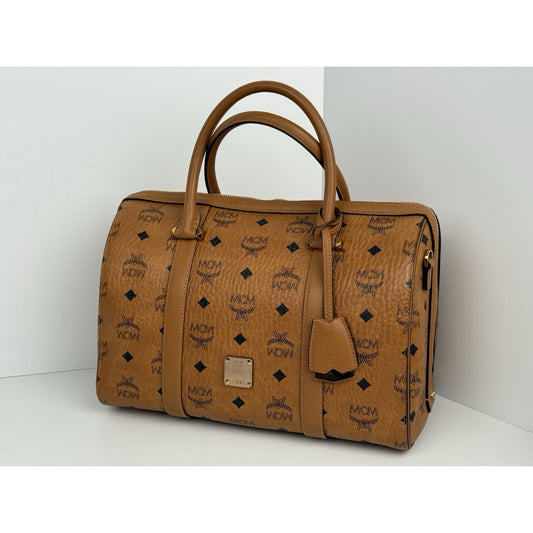 MCM Visetos Cognac Boston Satchel Handbag