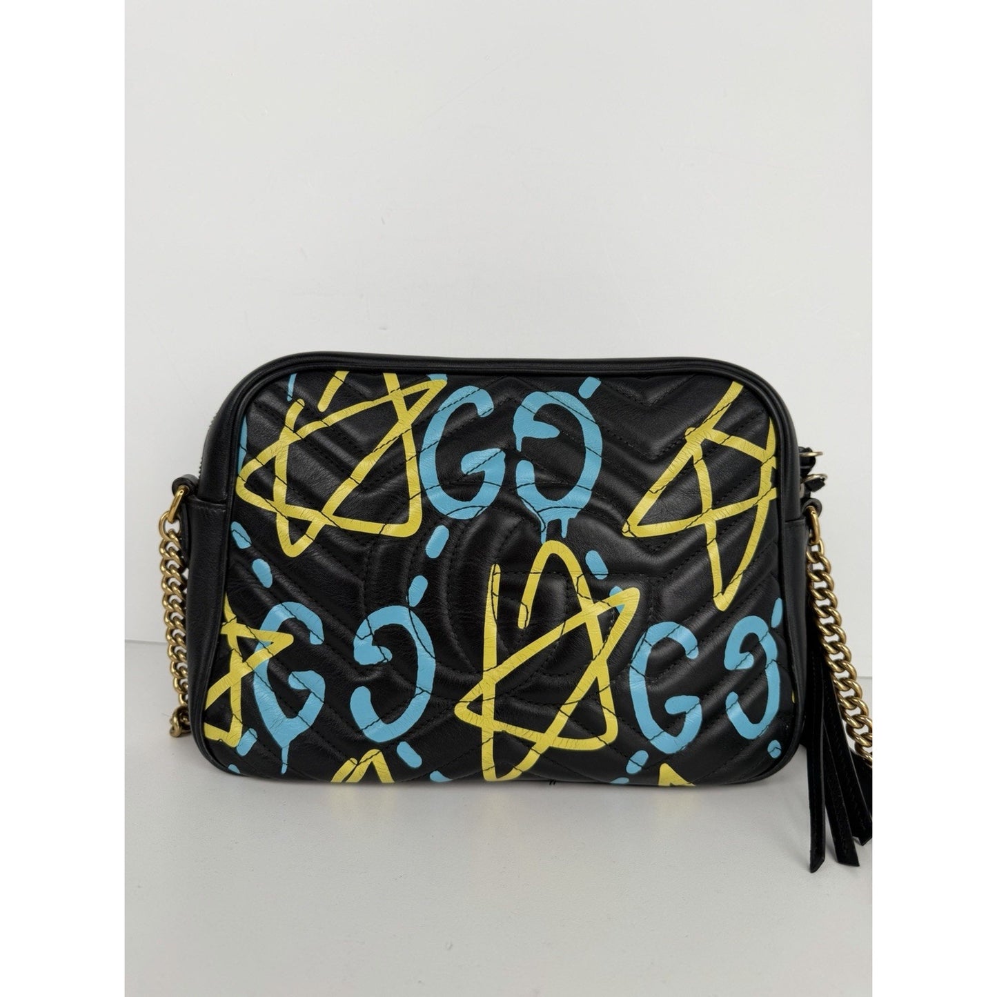 Gucci Ghost GG Marmont Camera Bag Medium in Black Leather with Graffiti Print S1