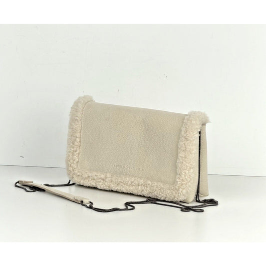 Brunello Cucinelli Shoulder Bag with Shearling Trim in Off-White Leather S15