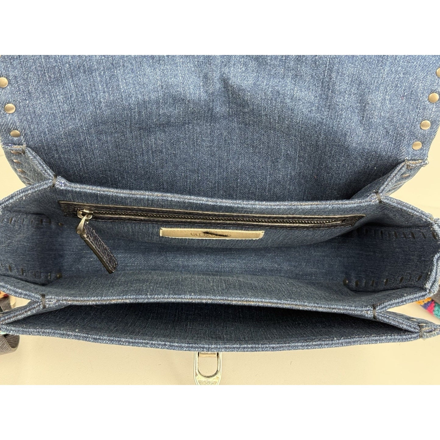 Valentino Rolling Rockstud Denim and Leather Shoulder Bag with Multicolor Strap