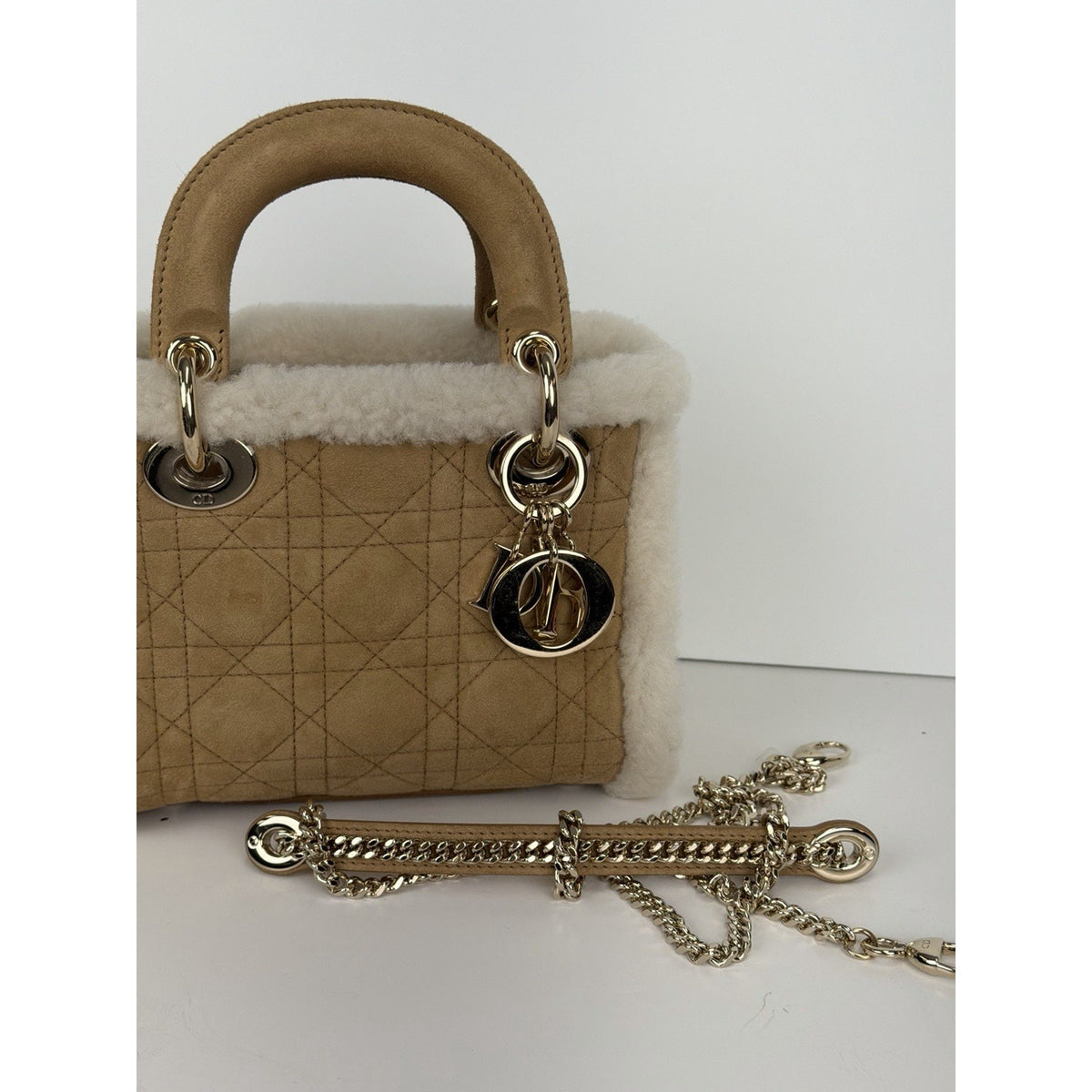 Christian Dior Mini Lady Dior Handbag Beige Cannage Suede with Shearling 2025 F3