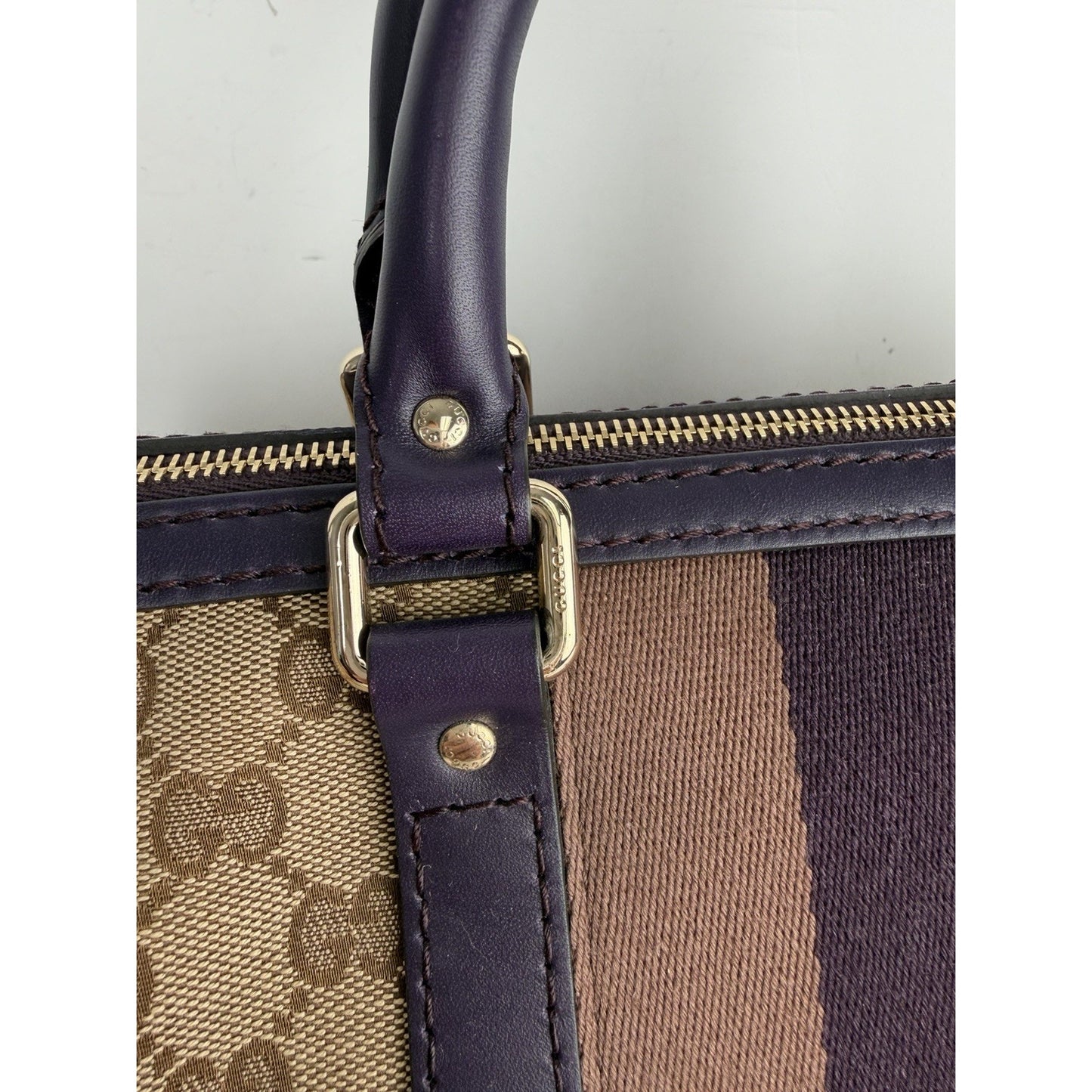Gucci Web Boston Medium Bag in Brown GG Monogram Canvas & Purple Trim S