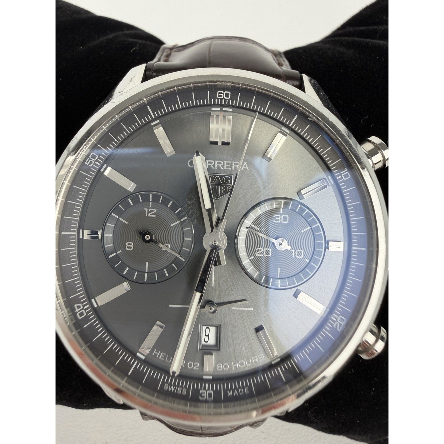 TAG Heuer Carrera Chronograph Automatic Watch with Gray Dial and Leather Strap
