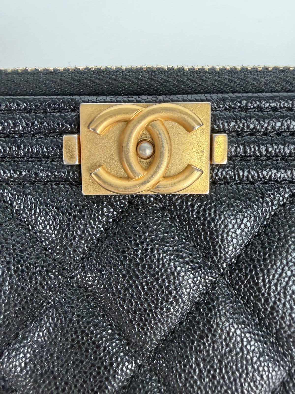 Chanel Boy Double Zip Chain Clutch Bag in Quilted Black Caviar Leather 2019 E-1