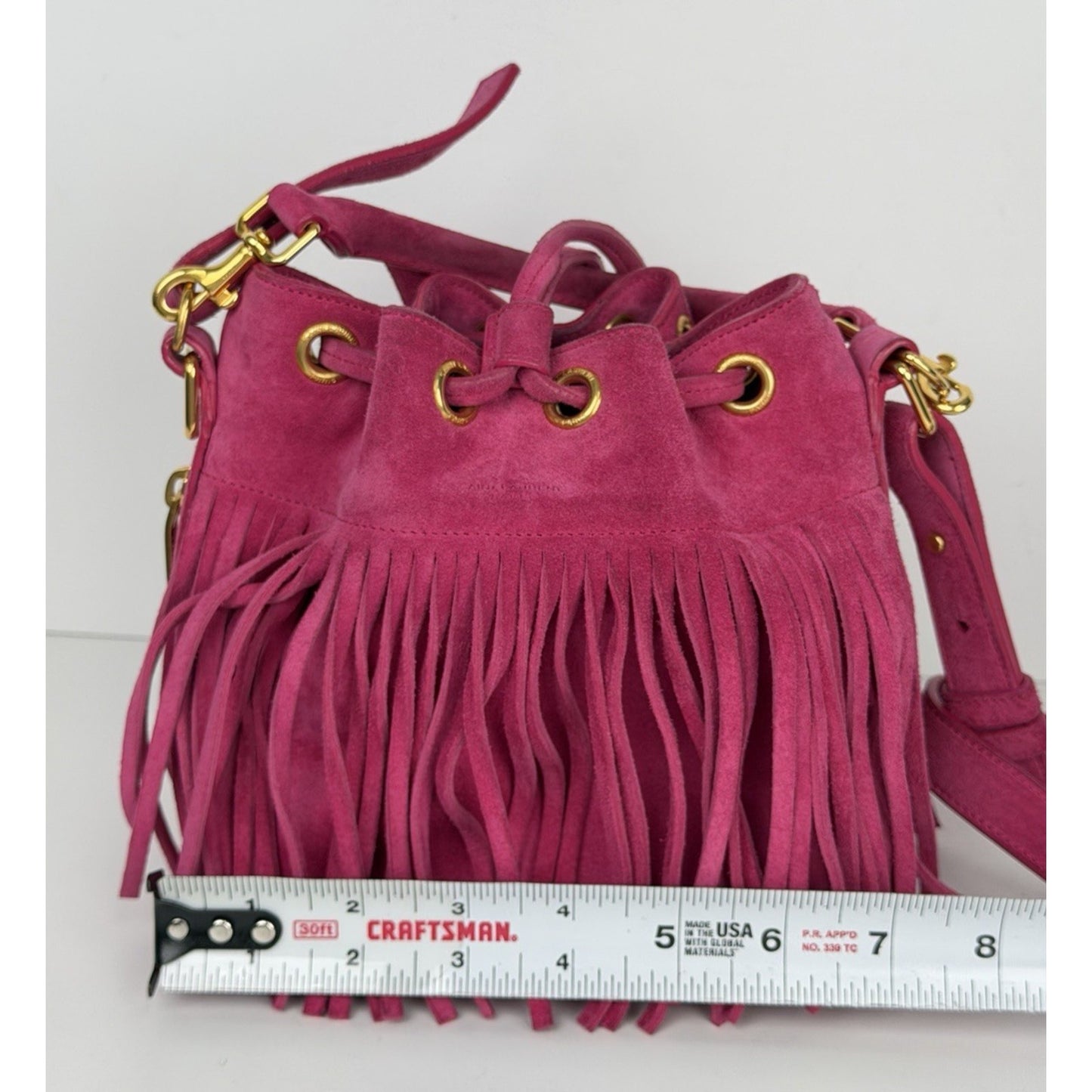 Saint Laurent Emmanuelle Fringe Bucket Bag in Pink Suede F2