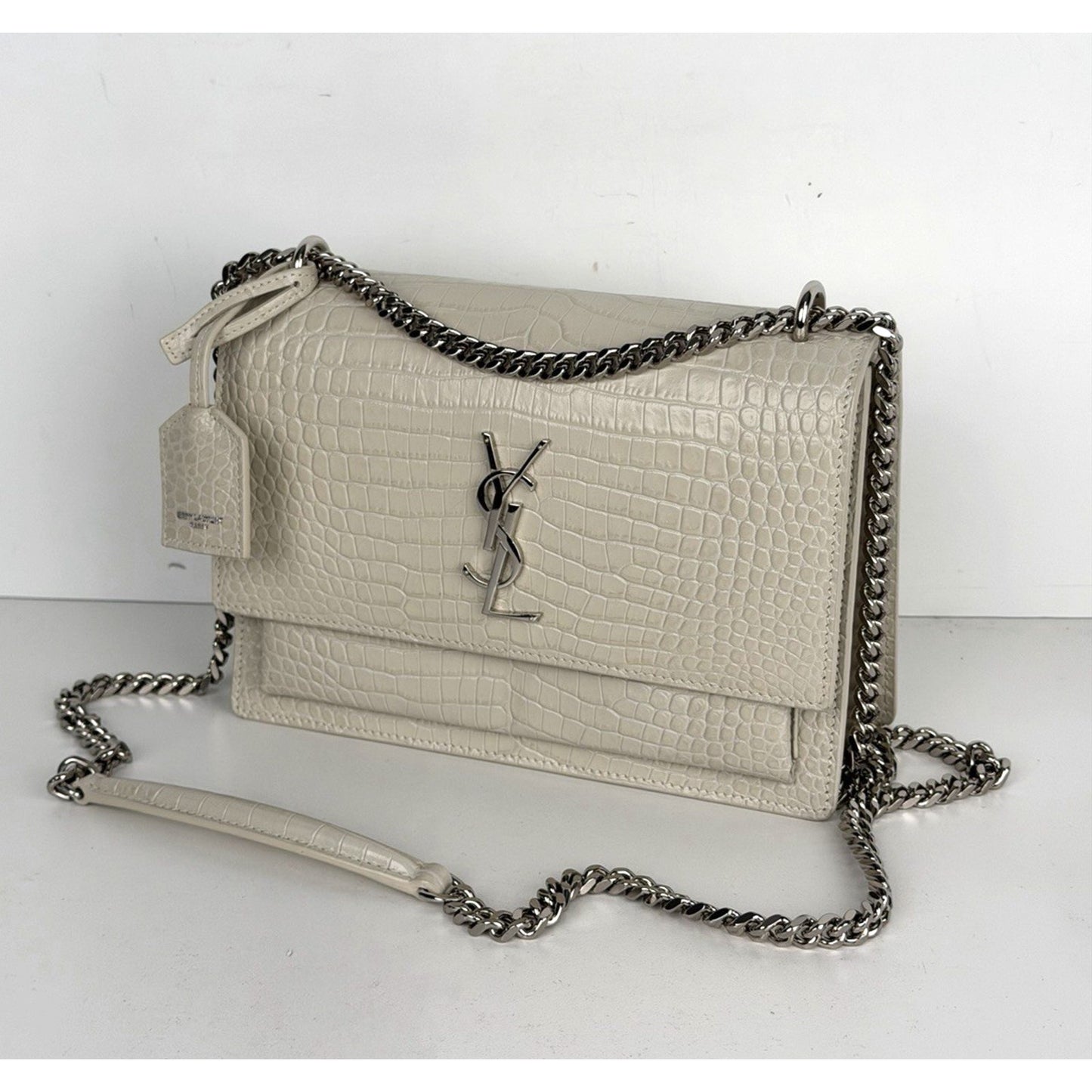 Saint Laurent Sunset Shoulder Bag Medium in White Croc-Embossed Leather S18