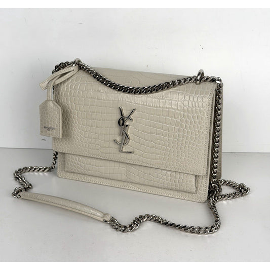 Saint Laurent Sunset Shoulder Bag Medium in White Croc-Embossed Leather S18