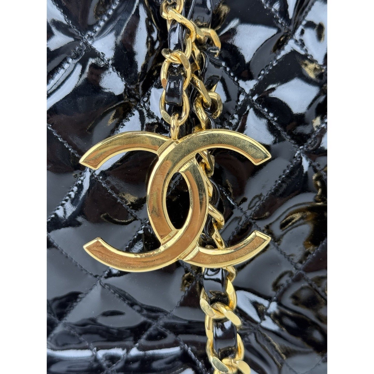 CHANEL Vintage CC Charm Quilted Patent Leather Tote Bag