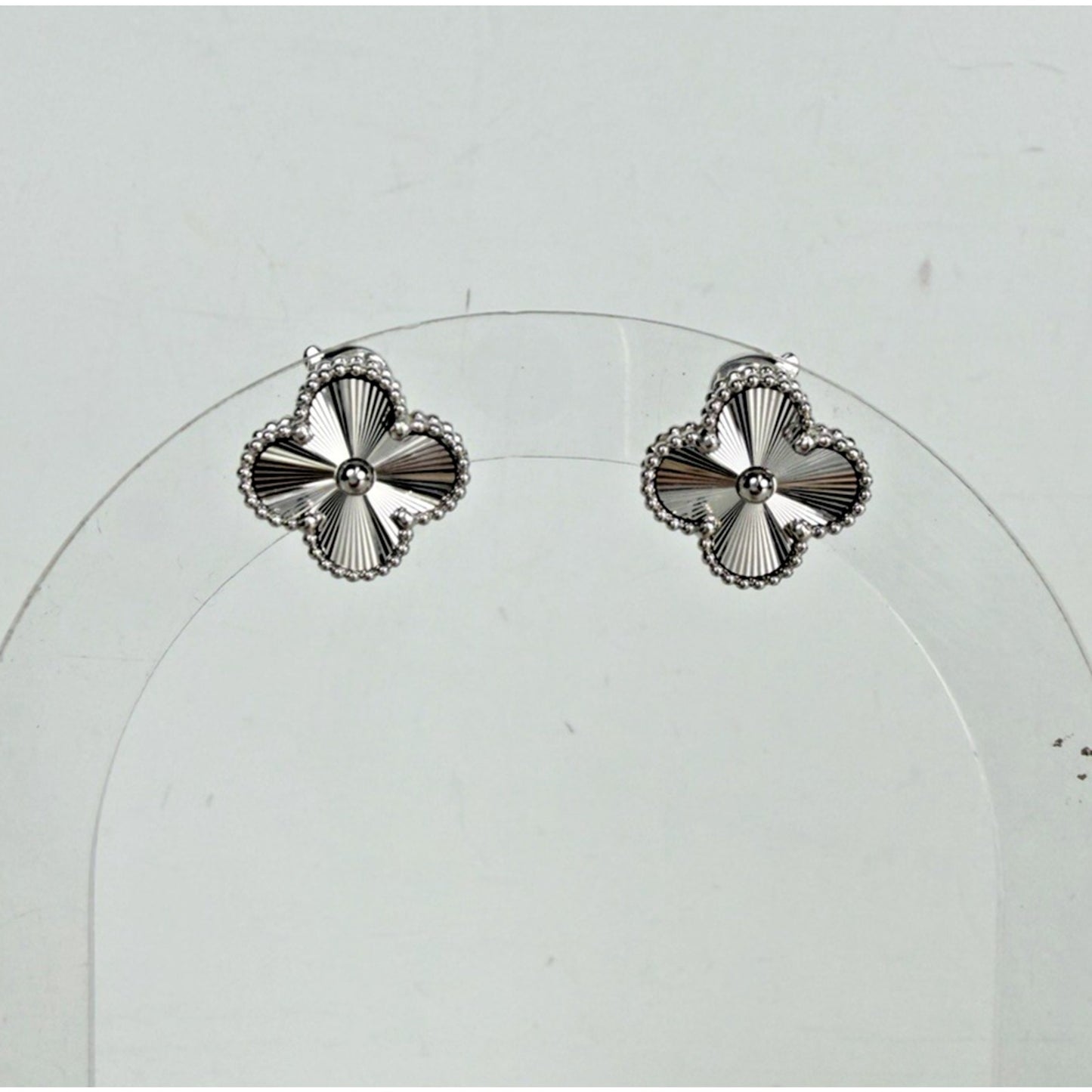 Van Cleef & Arpels Guilloche Alhambra Clover Earrings in 18k White Gold