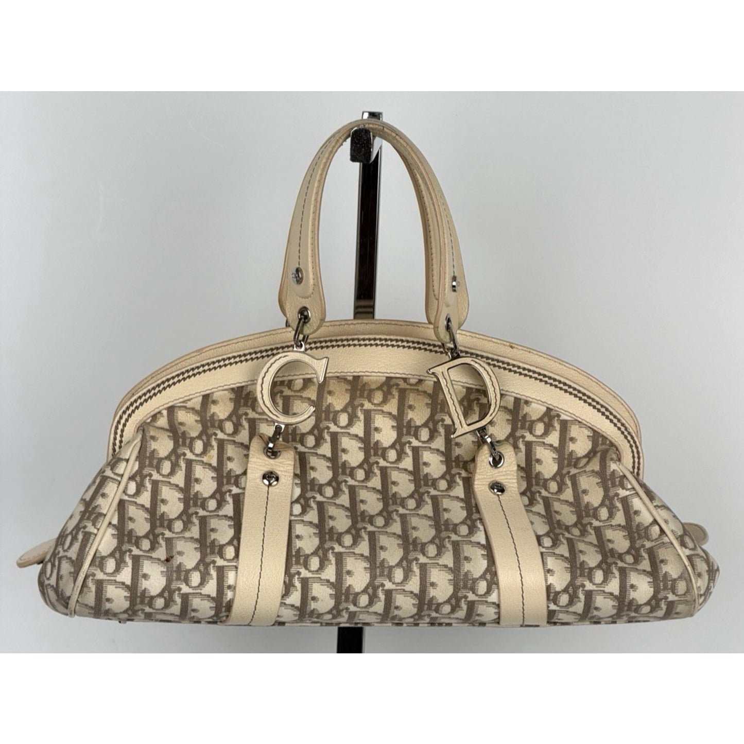 Christian Dior Trotter Bowling Bag Beige Diorissimo Canvas Floral Embroidered S7