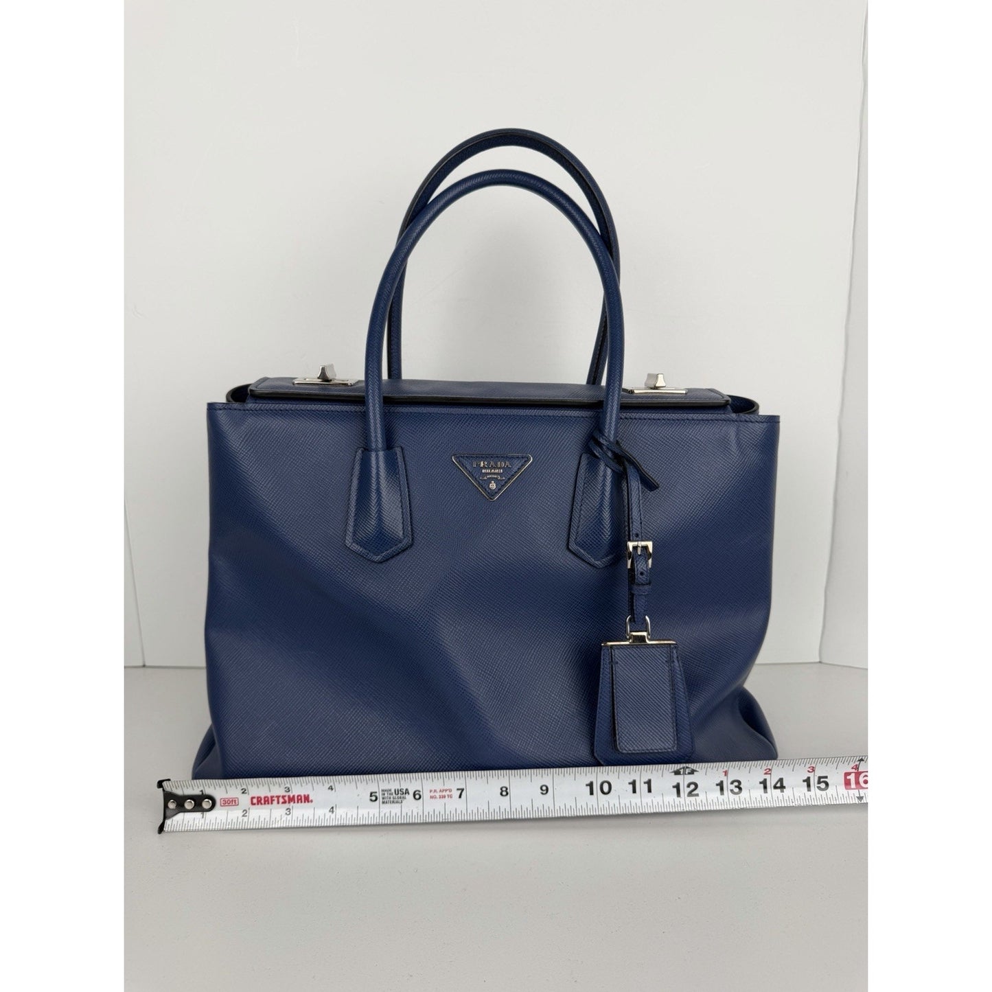 Prada Twin Tote Top Handle Bag Large in Blue Saffiano Cuir Leather S