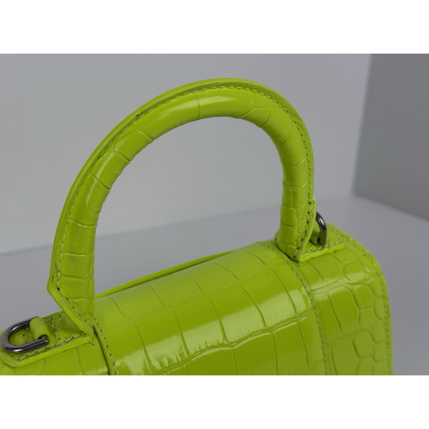 BALENCIAGA Crocodile Embossed Neon Green Leather Hourglass Top Handle Bag