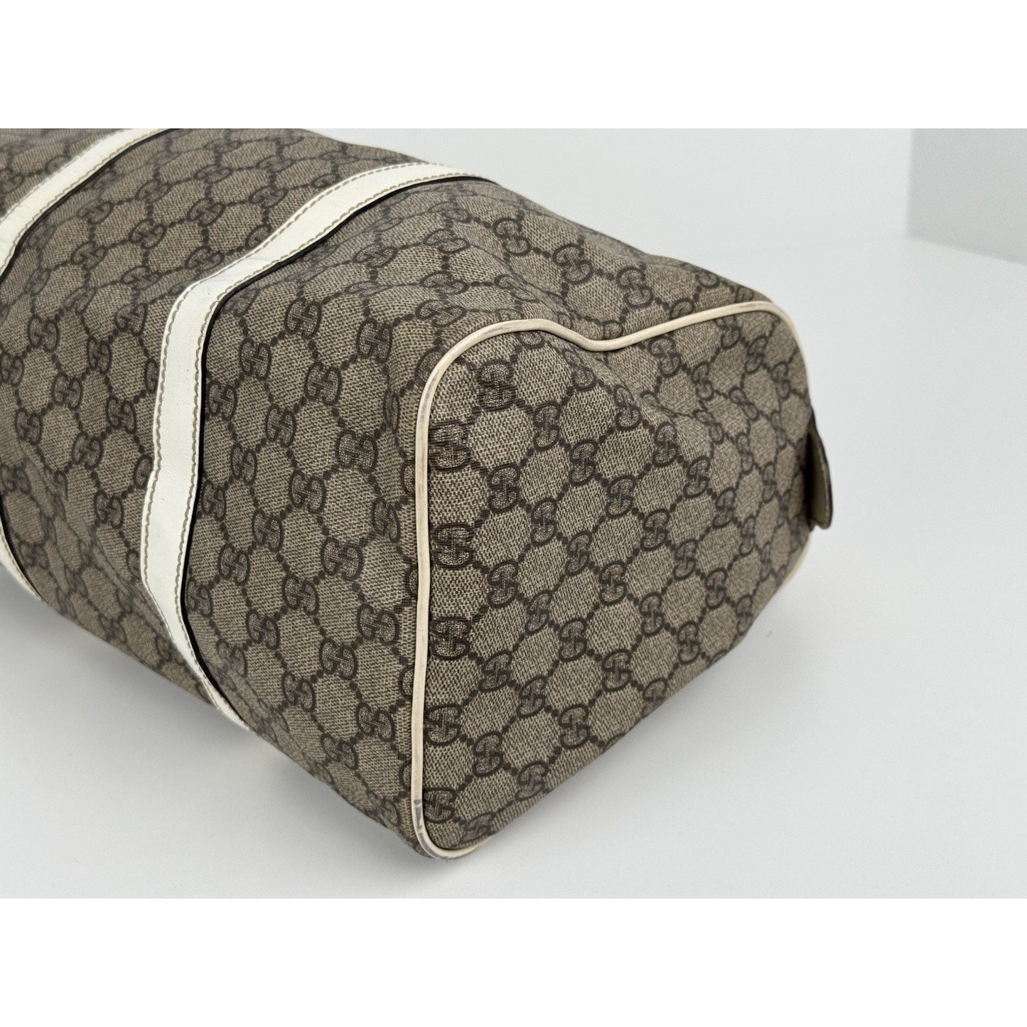 Gucci GG Supreme Medium Joy Boston Bag Brown Canvas White Leather Trim