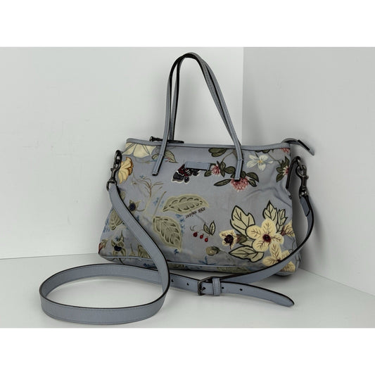 Gucci Flora Knight Zippered Tote Bag Dusty Blue Canvas with Leather Trim