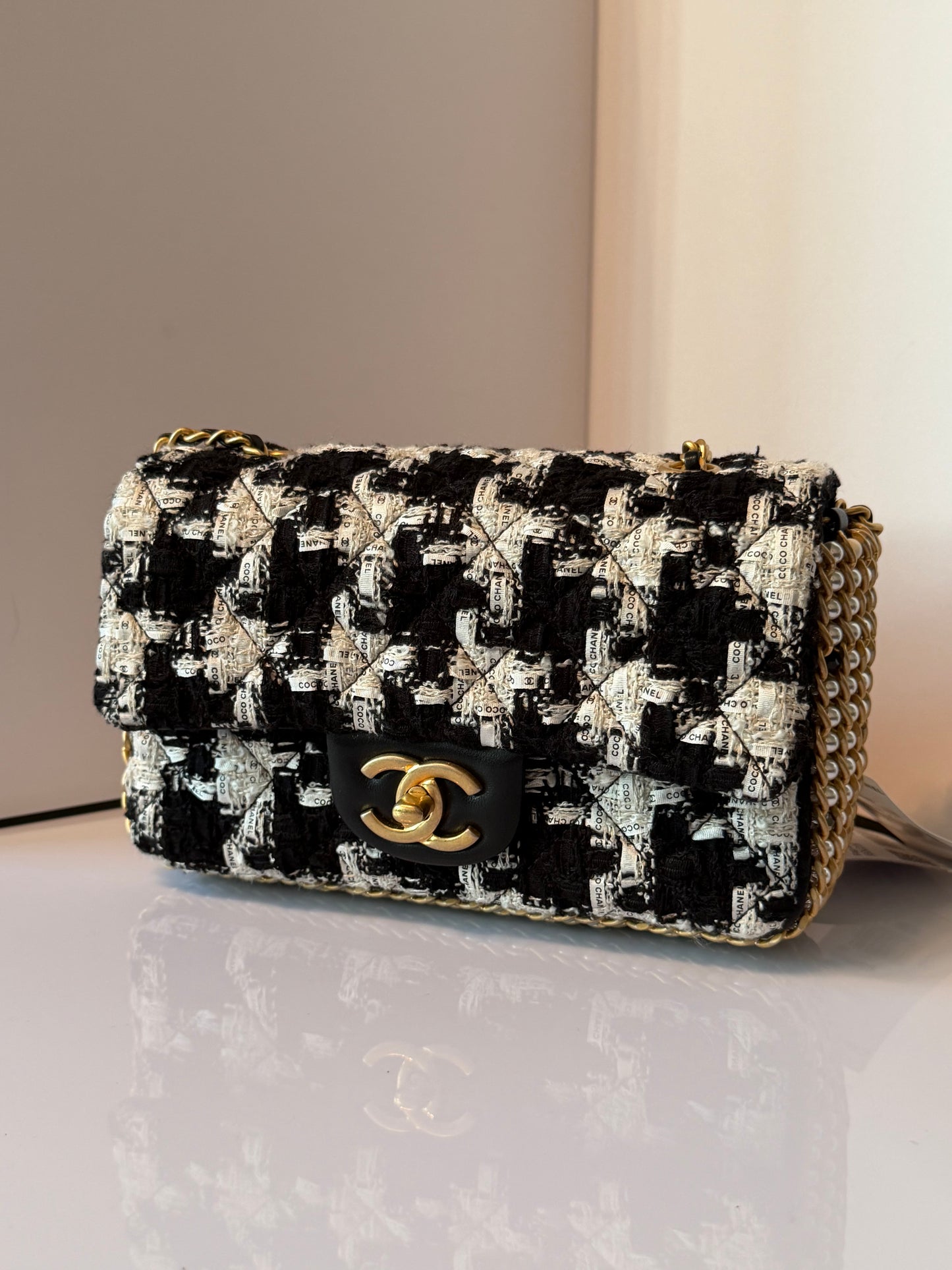 CHANEL Black/White Quilted Tweed River Of Pearls Mini Flap Bag