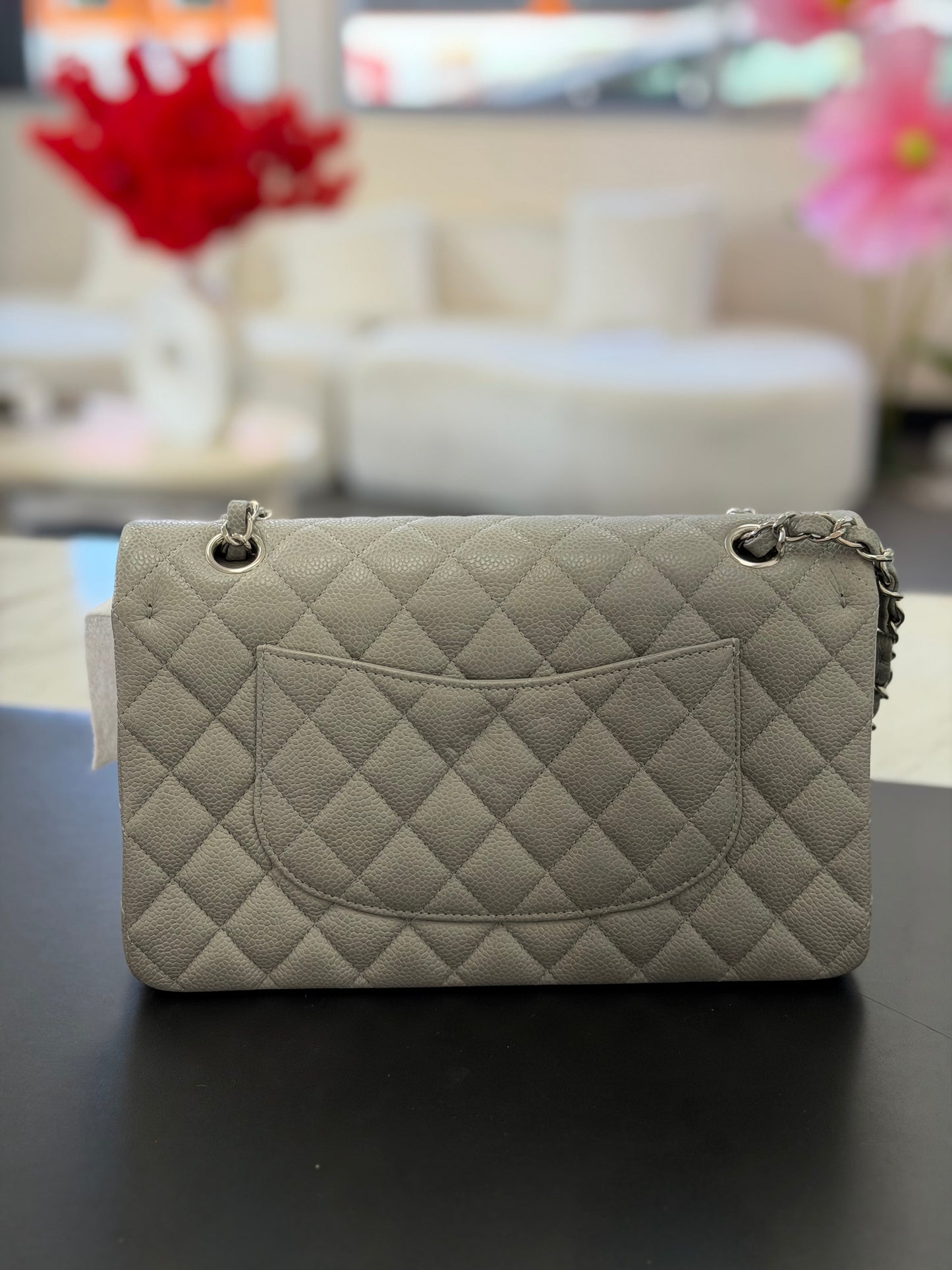 Chanel Classic Double Flap Bag in grey quilted caviar leather
