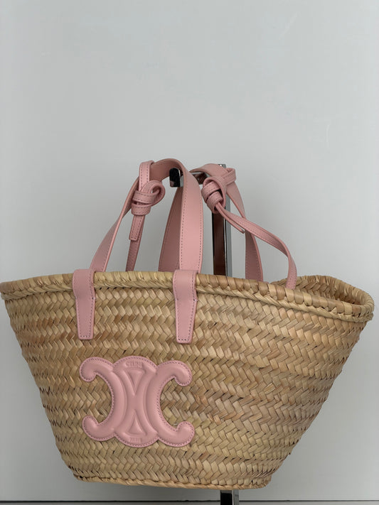 Celine Teen Supple Classic Panier in Raffia and Calfskin in the Silk Pink YU1