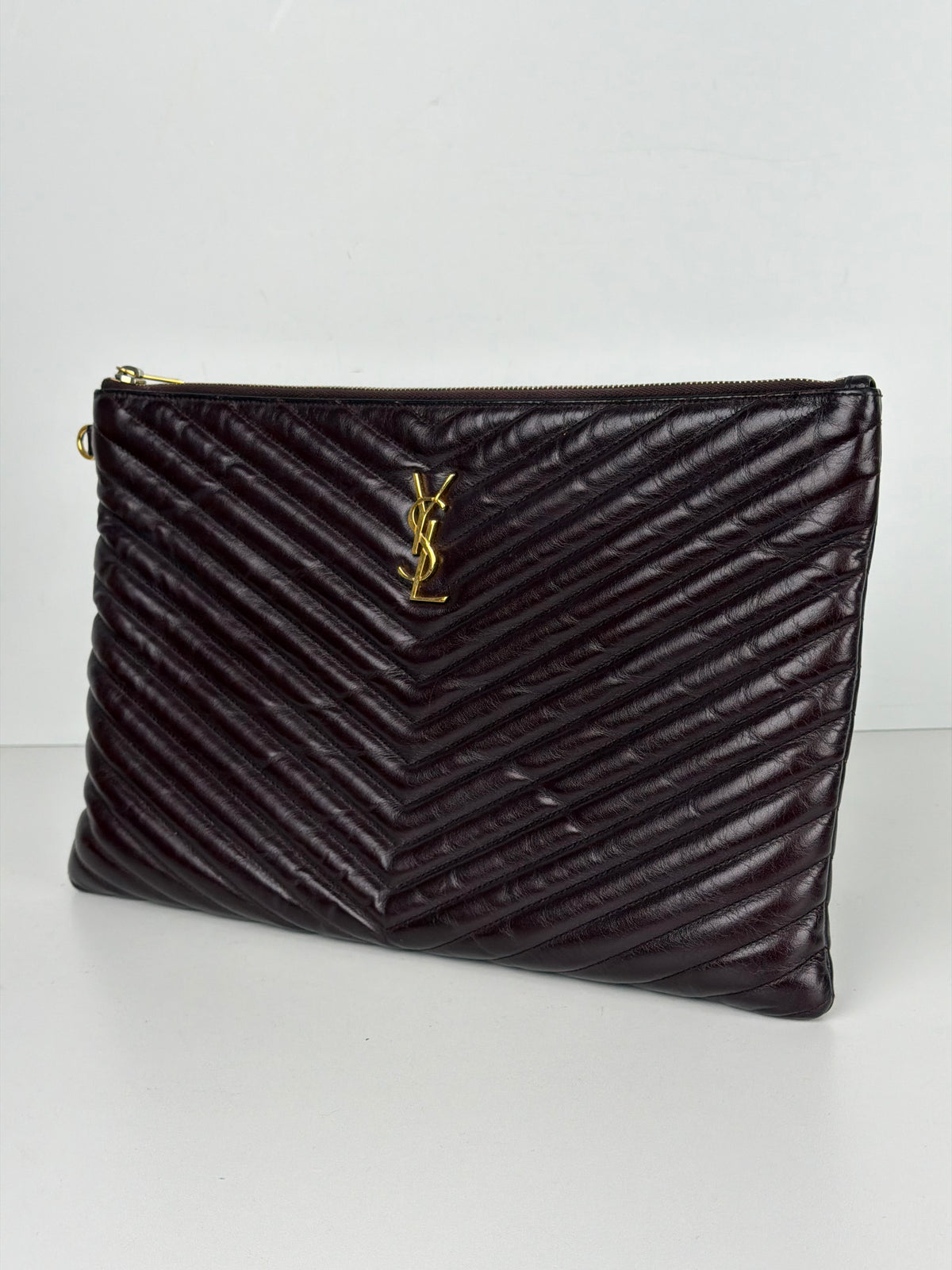 Saint Laurent Cassandre Matelasse Large Pouch in Burgundy Chevron-Quilted Leather