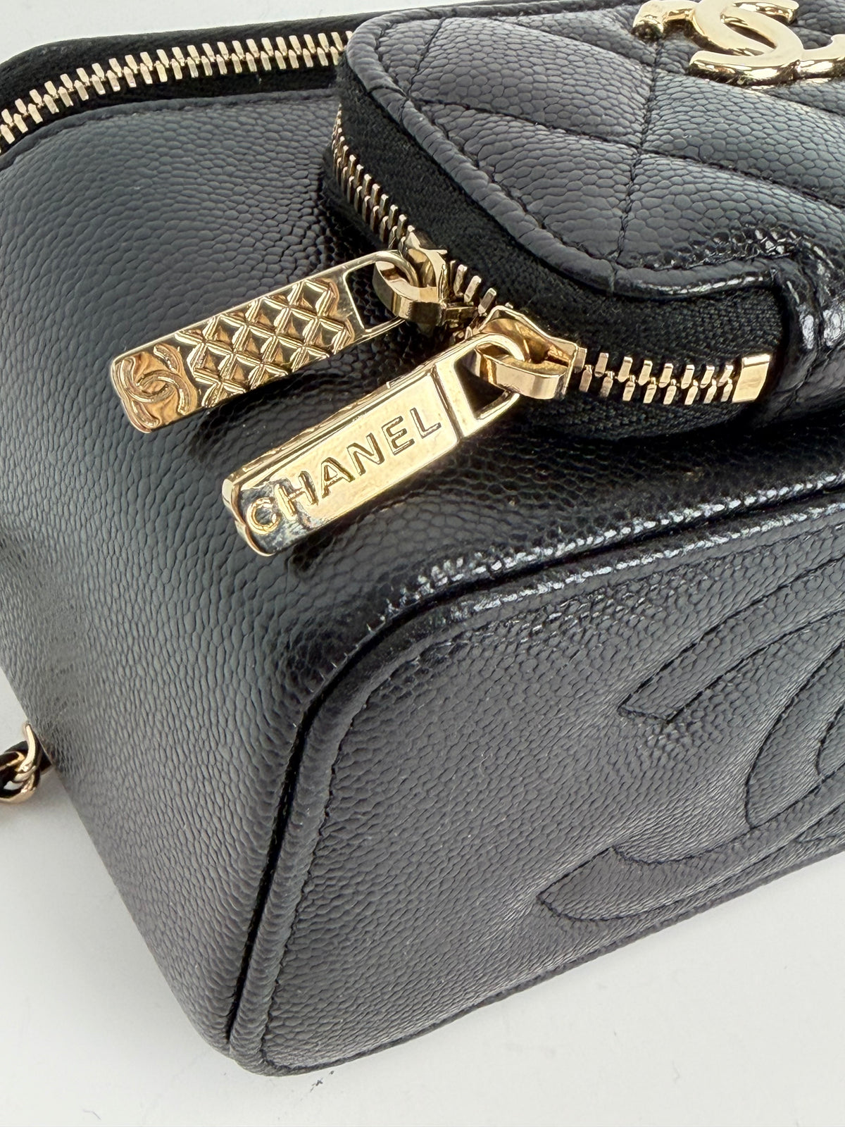 Chanel Pocket Vanity Case Top Handle Bag in Black Quilted Caviar Leather NFC YC-4