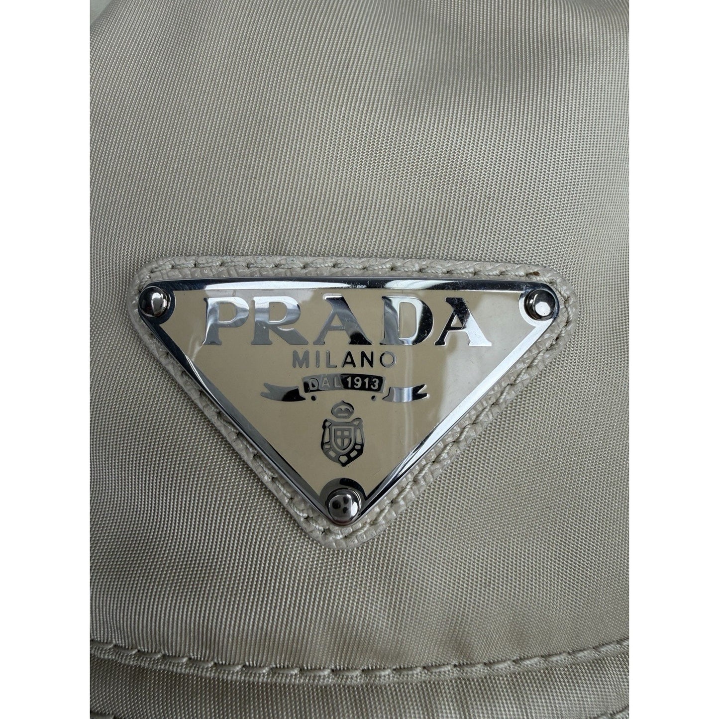 Prada Re-Nylon Bucket Hat Desert Beige & Metal Triangle Logo K3