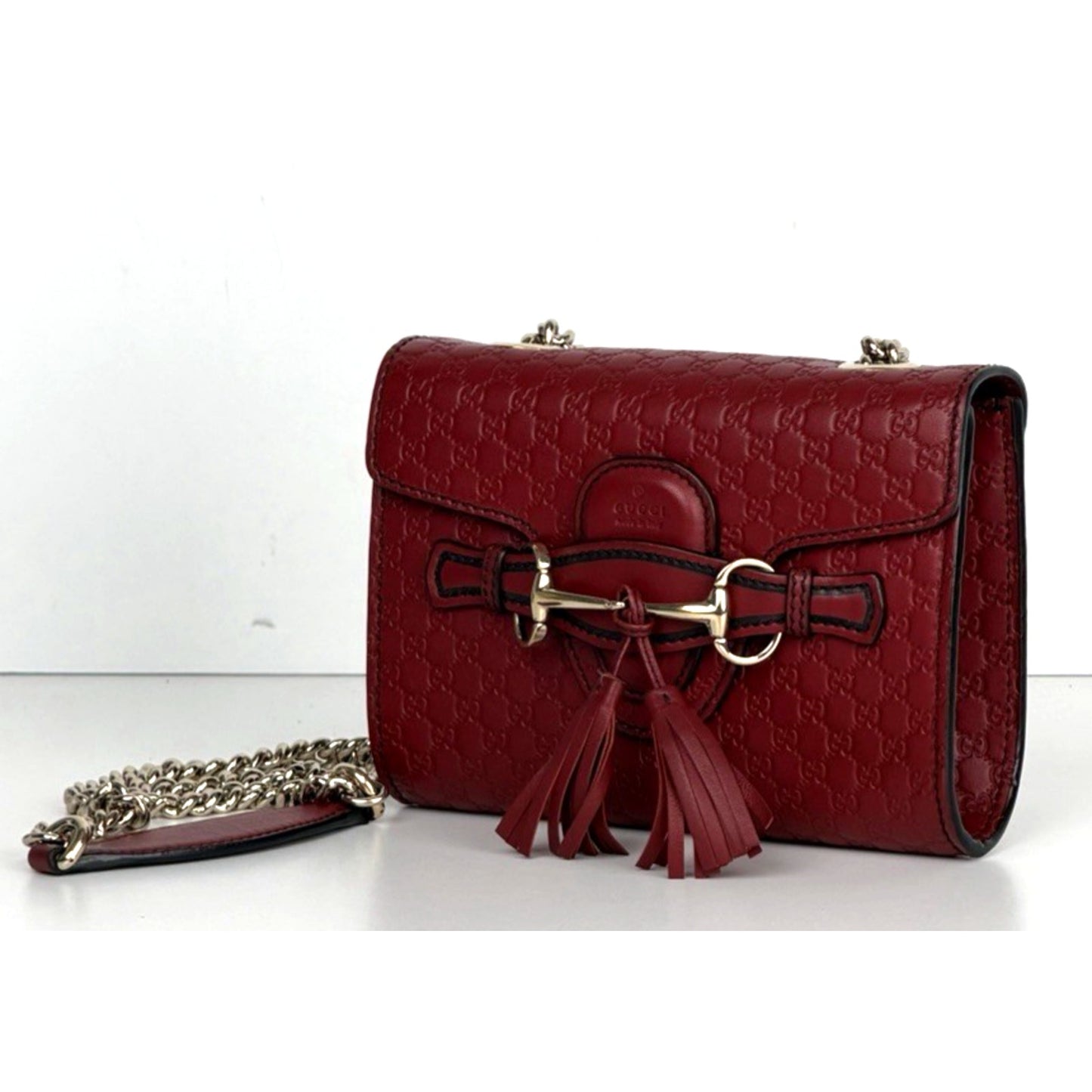 Gucci Microguccissima Mini Emily Bag Crossbody with Tassels in Red Leather S17