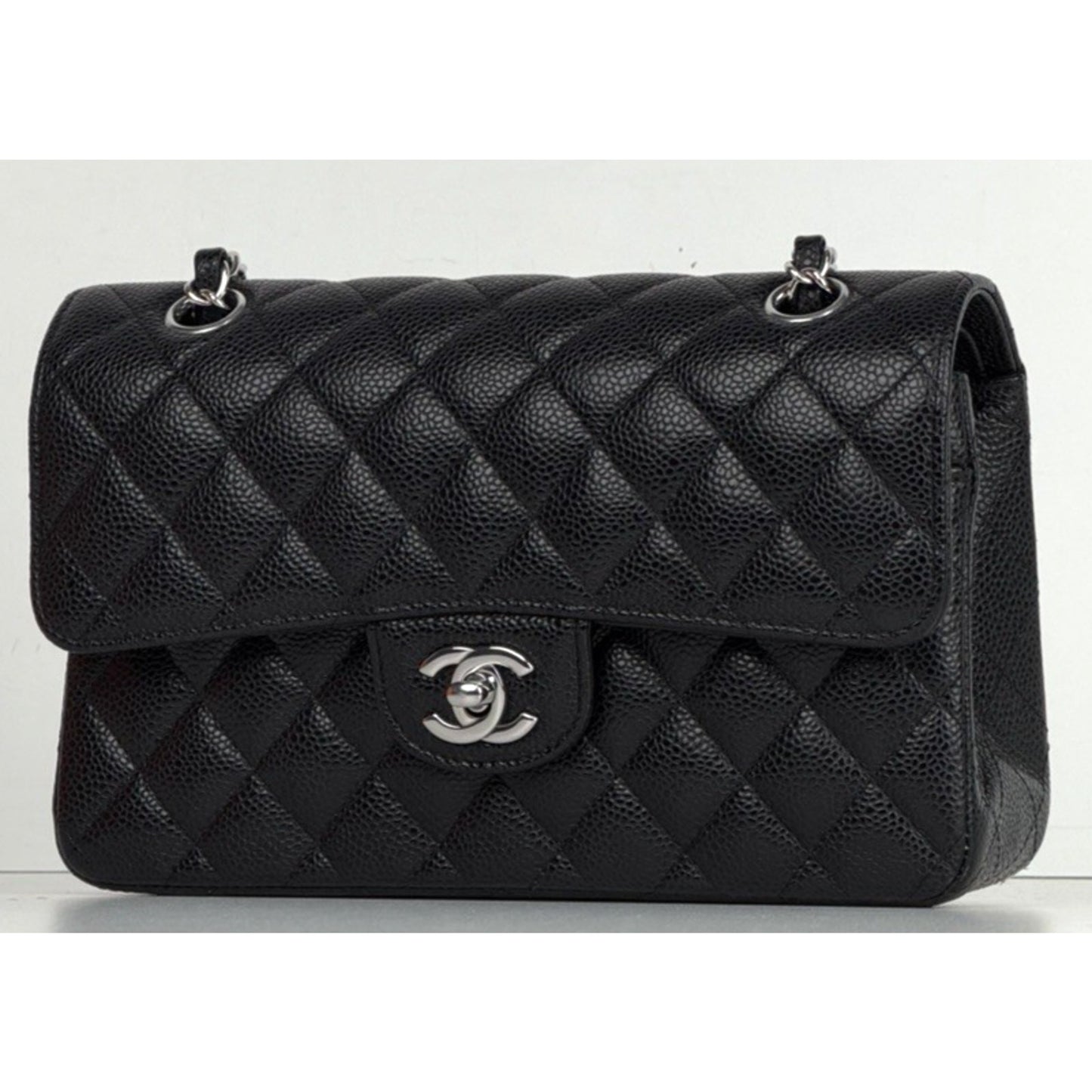 Chanel Classic Double Flap Small Bag Black Caviar Leather Silver Hardware NFC D7