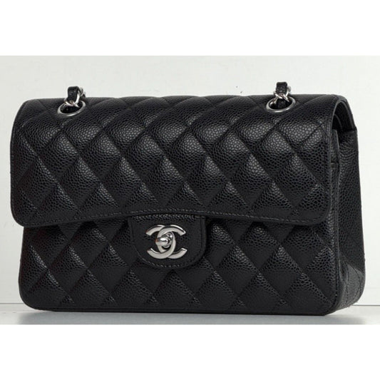 Chanel Classic Double Flap Small Bag Black Caviar Leather Silver Hardware NFC D7