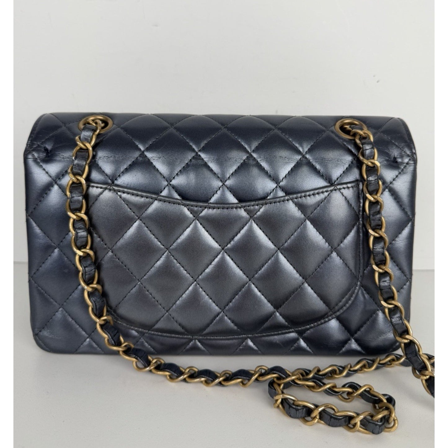 Chanel Classic Double Flap Bag Small in Metallic Navy Quilted Leather NFC B-6