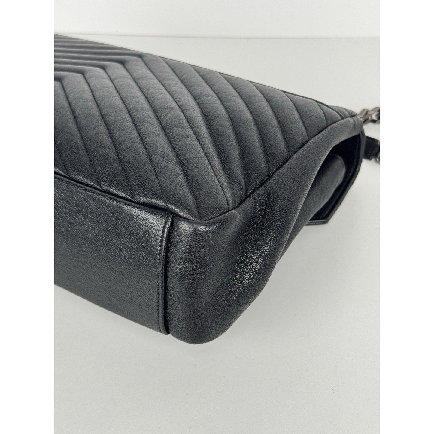 Saint Laurent Large College Satchel Black Chevron Leather Silver Hardware C5
