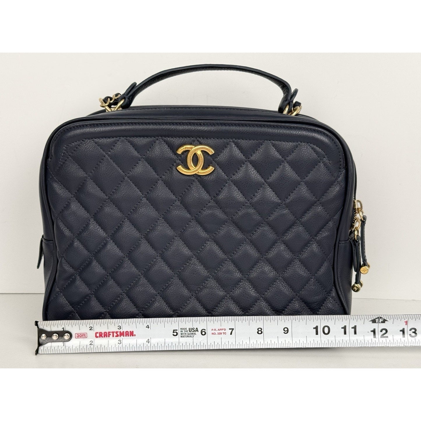 CHANEL Calfskin Quilted CC Medium Vanity Case Navy Blue Gold Hardware B-5