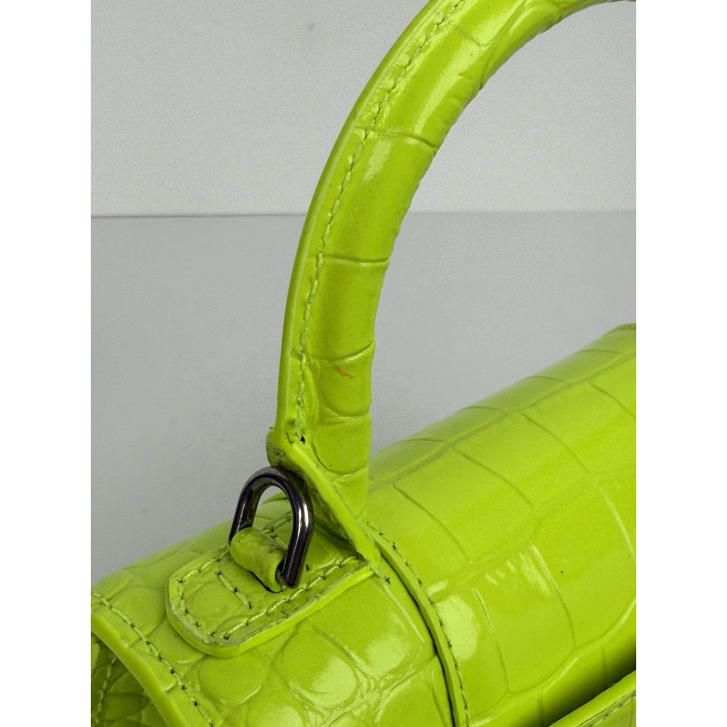 BALENCIAGA Crocodile Embossed Neon Green Leather Hourglass Top Handle Bag
