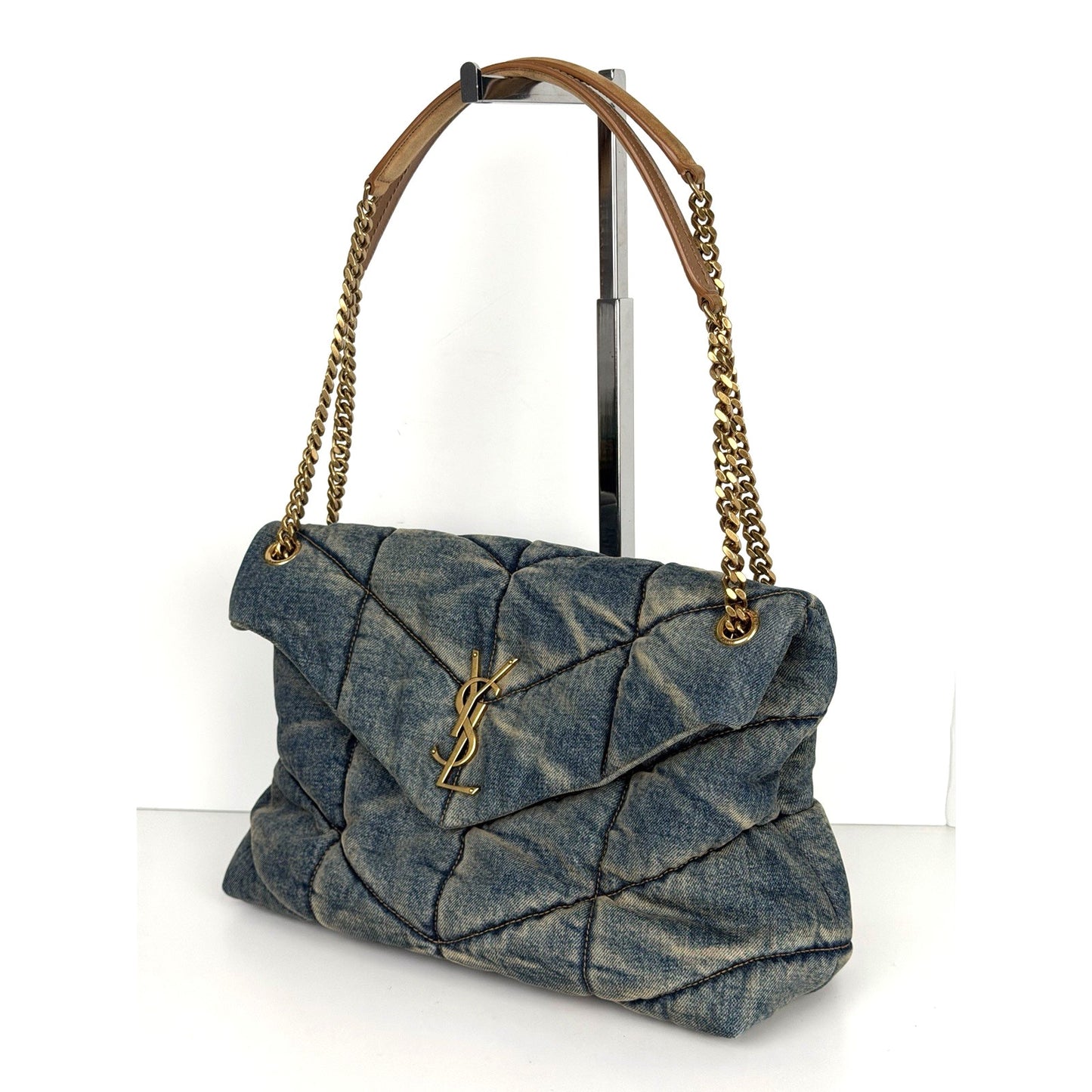 Saint Laurent Loulou Puffer Shoulder Bag Medium in Quilted Blue Denim C-9