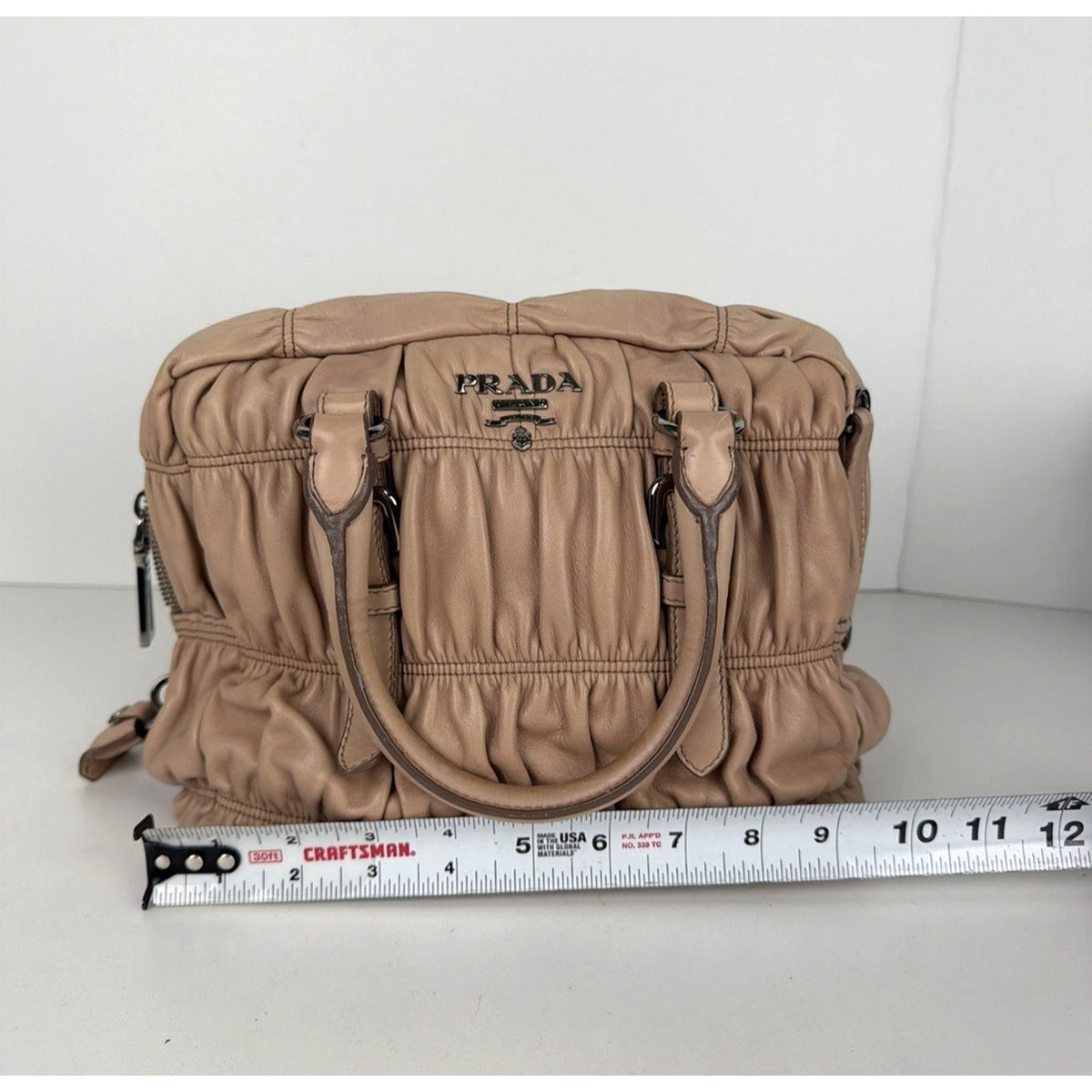 Prada Nappa Gaufre Satchel Shoulder Bag in Beige Leather Silver-Tone Hardware S7