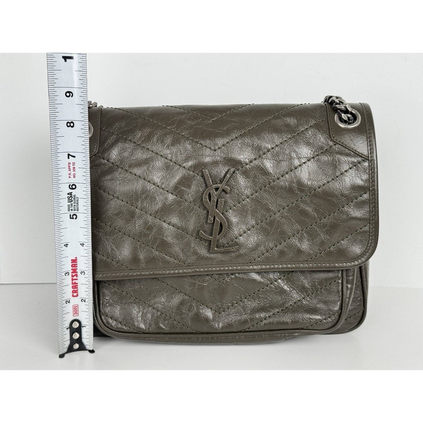 Saint Laurent Niki Medium Crinkled Matelassé Chain Satchel Dark Green C-6