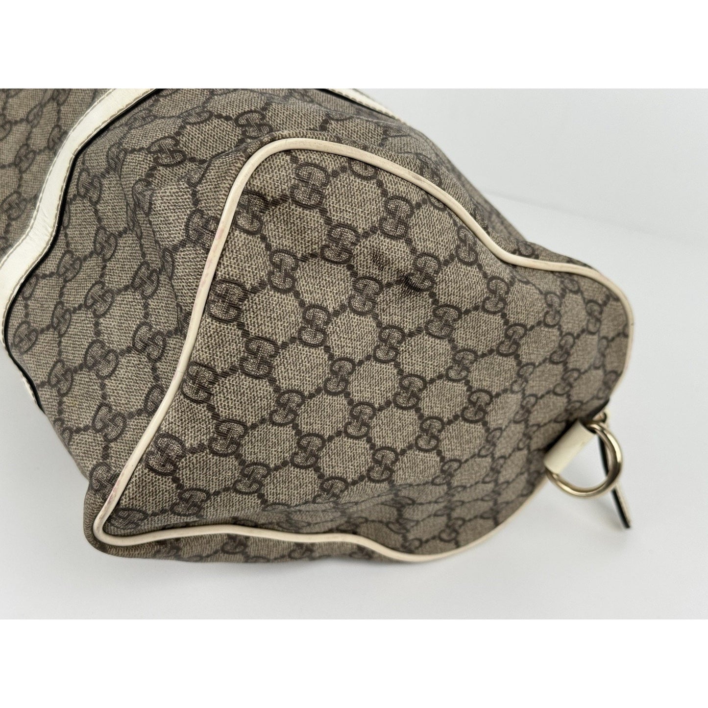 Gucci GG Supreme Medium Joy Boston Bag Brown Canvas White Leather Trim