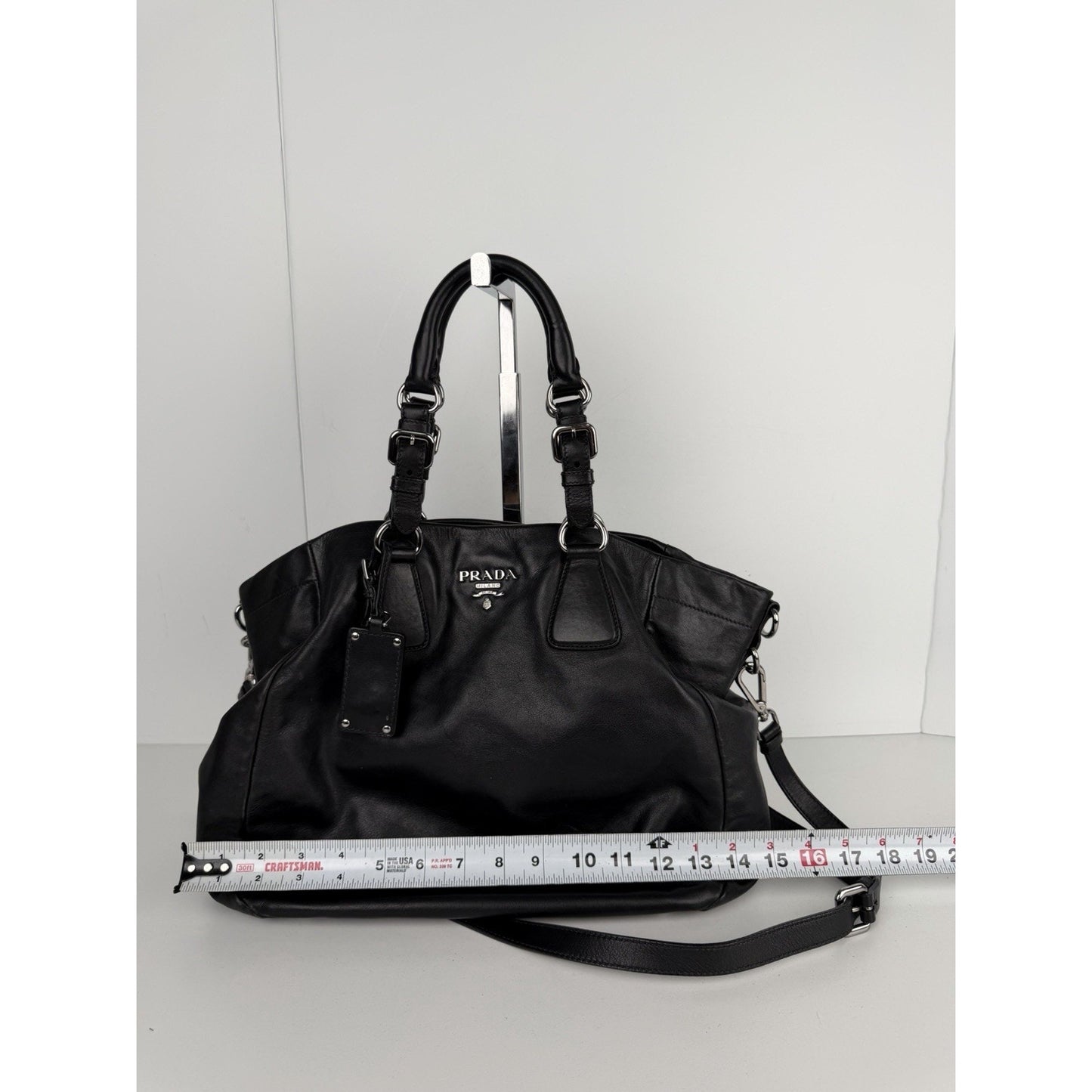 Prada Buckle L Bowler Two-Way Shoulder Bag in Black Soft Calfskin Leather S-07