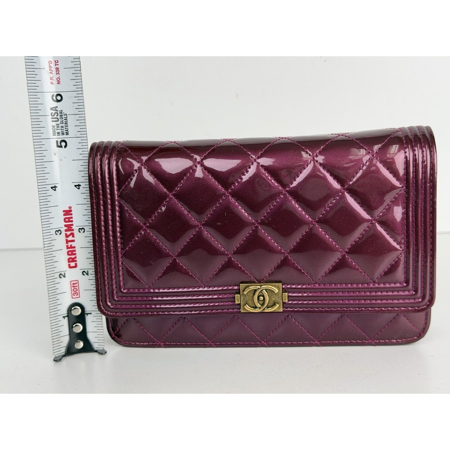 Chanel Boy Wallet on Chain Quilted Bag in Purple Patent Leather 2015-2016 E4