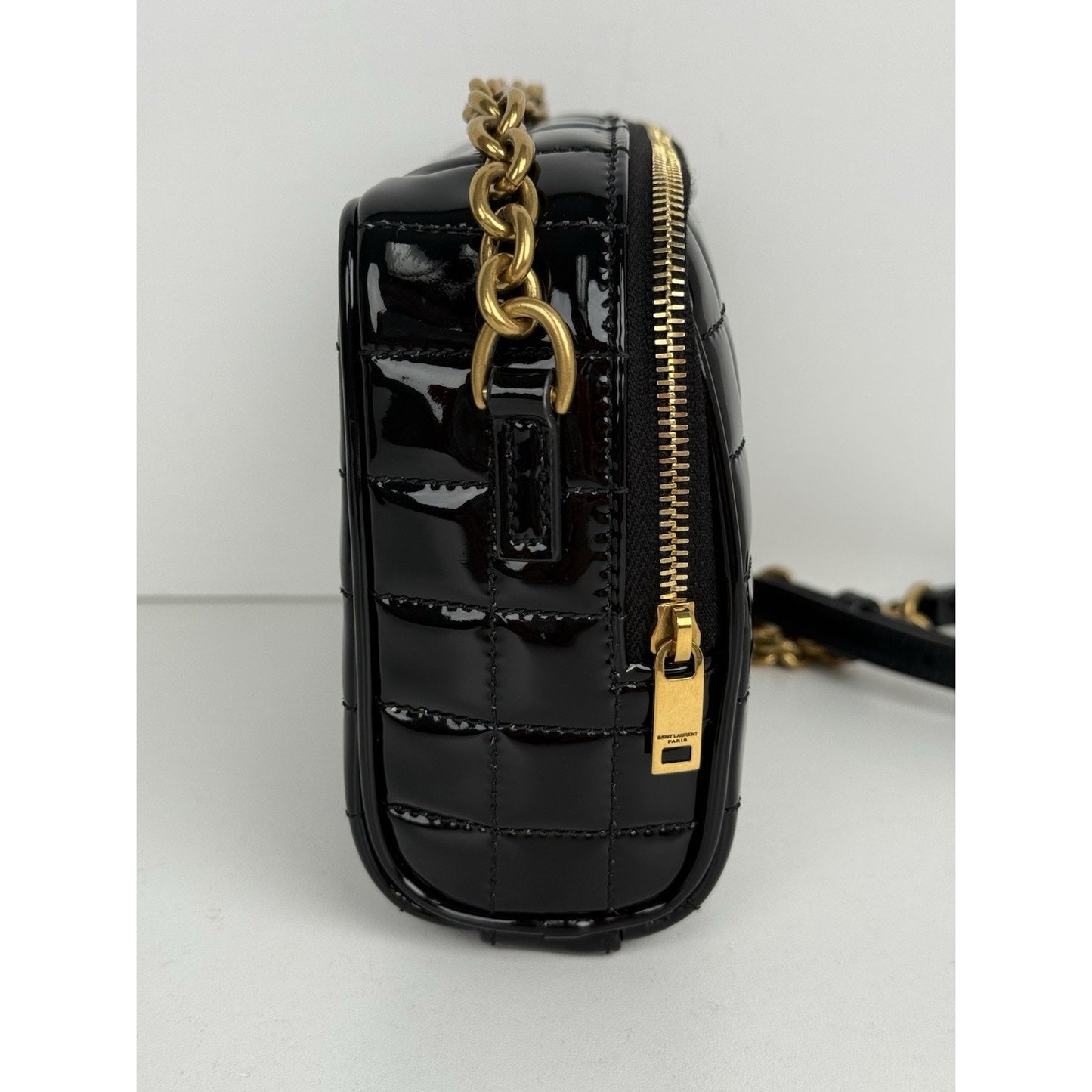 Saint Laurent Patent Calfskin Carré Quilted Cassandre Mini Camera Bag Black